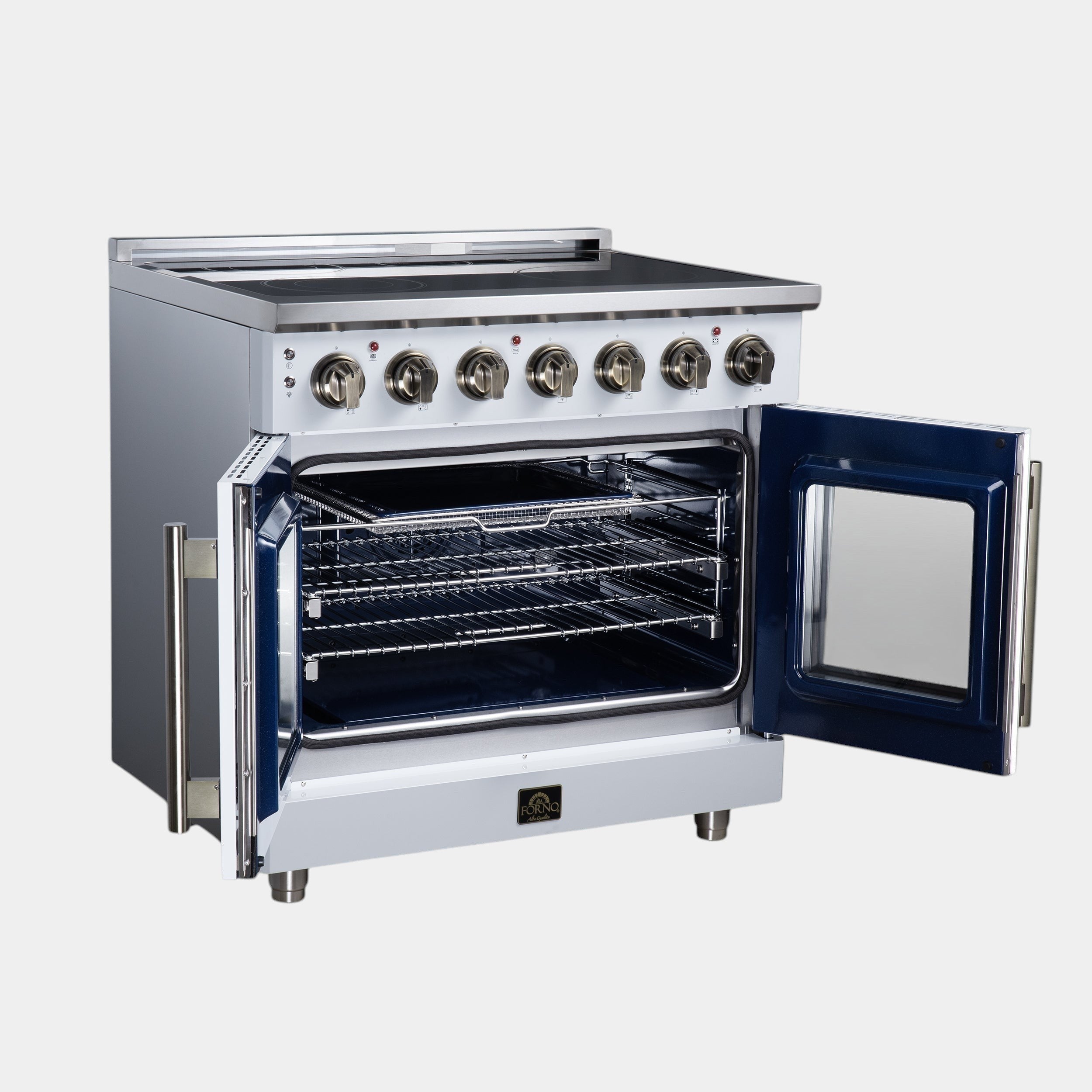 Massimo 36 Inch French Door Electric range, 5 radiant burners, 5.36 cf. True Convection oven, Air fryer kit, White
