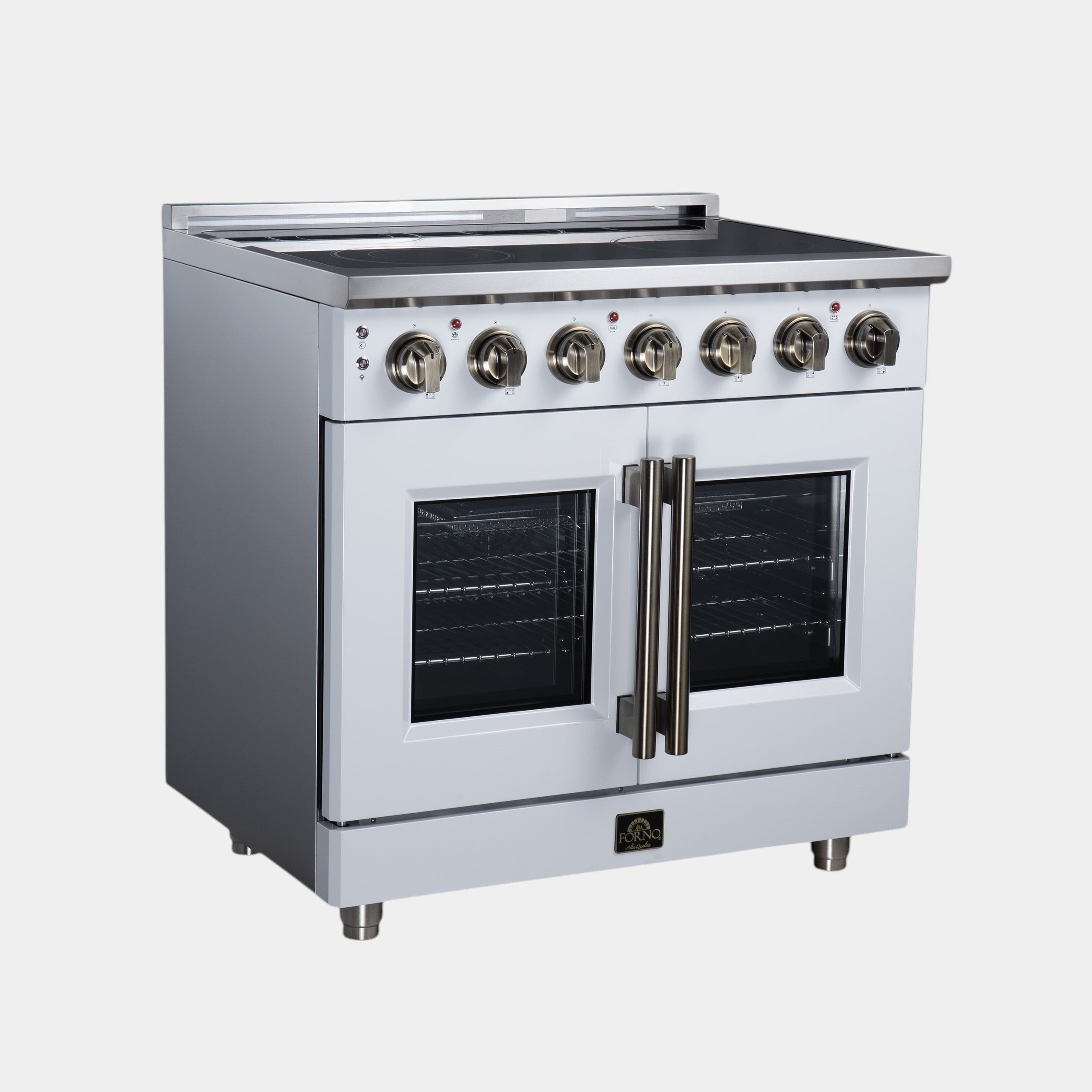 Massimo 36 Inch French Door Electric range, 5 radiant burners, 5.36 cf. True Convection oven, Air fryer kit, White