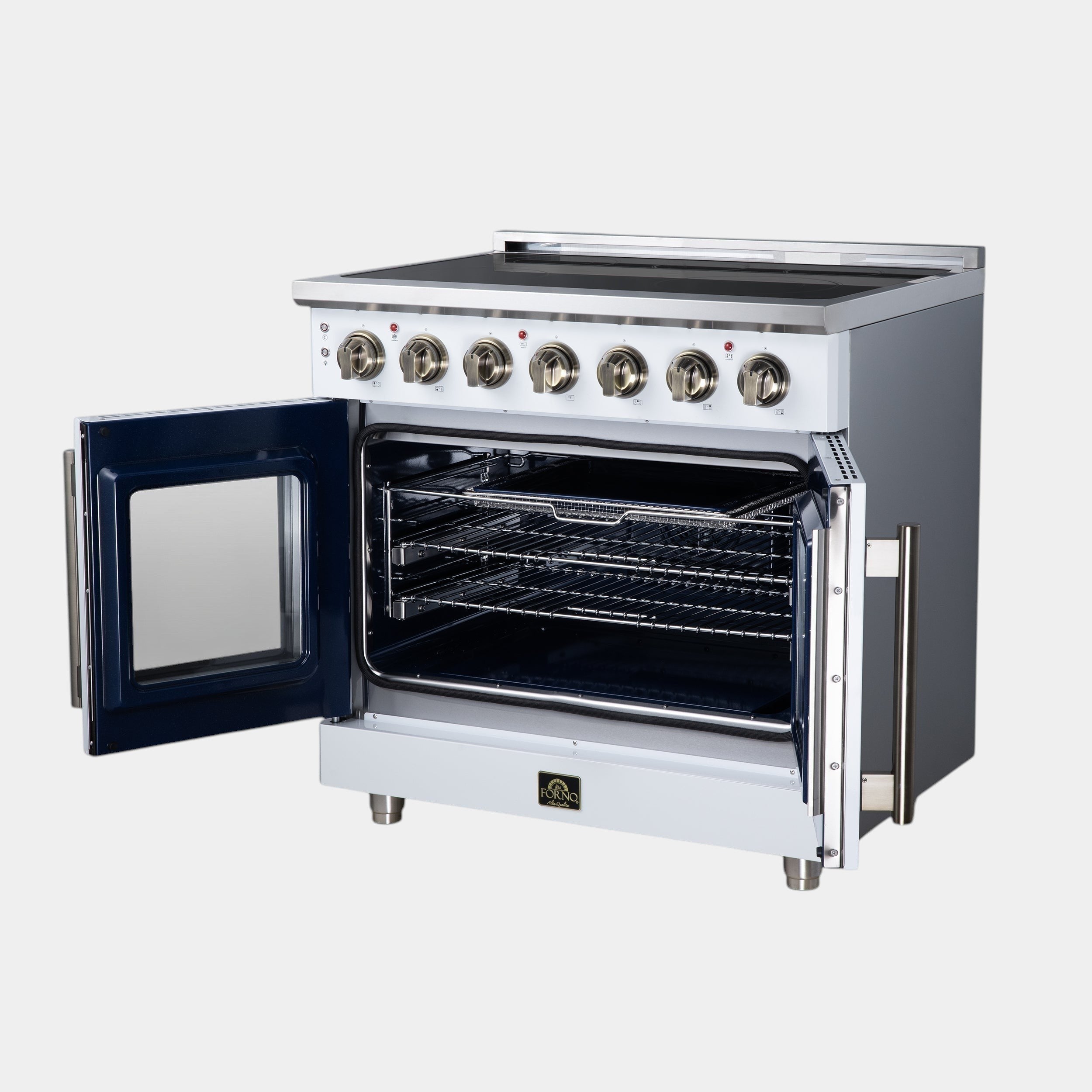 Massimo 36 Inch French Door Electric range, 5 radiant burners, 5.36 cf. True Convection oven, Air fryer kit, White