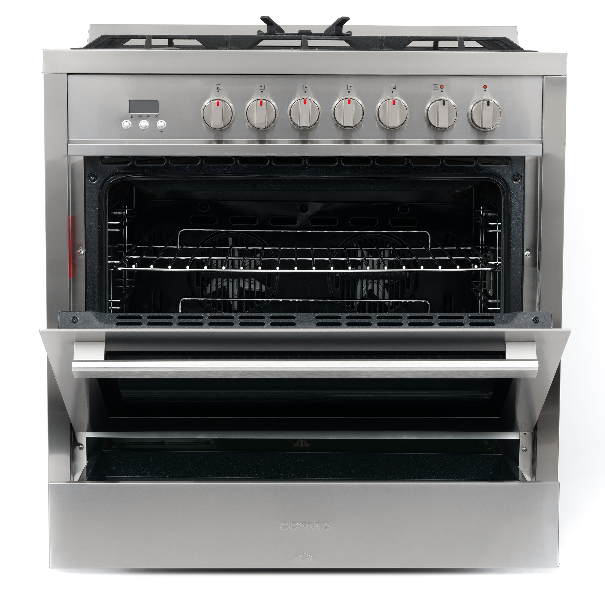 Cosmo Stellar 36 in. 3.8 cu. ft. 5-Burner Stainless Steel Dual Fuel Range with Storage Drawer | F965NF