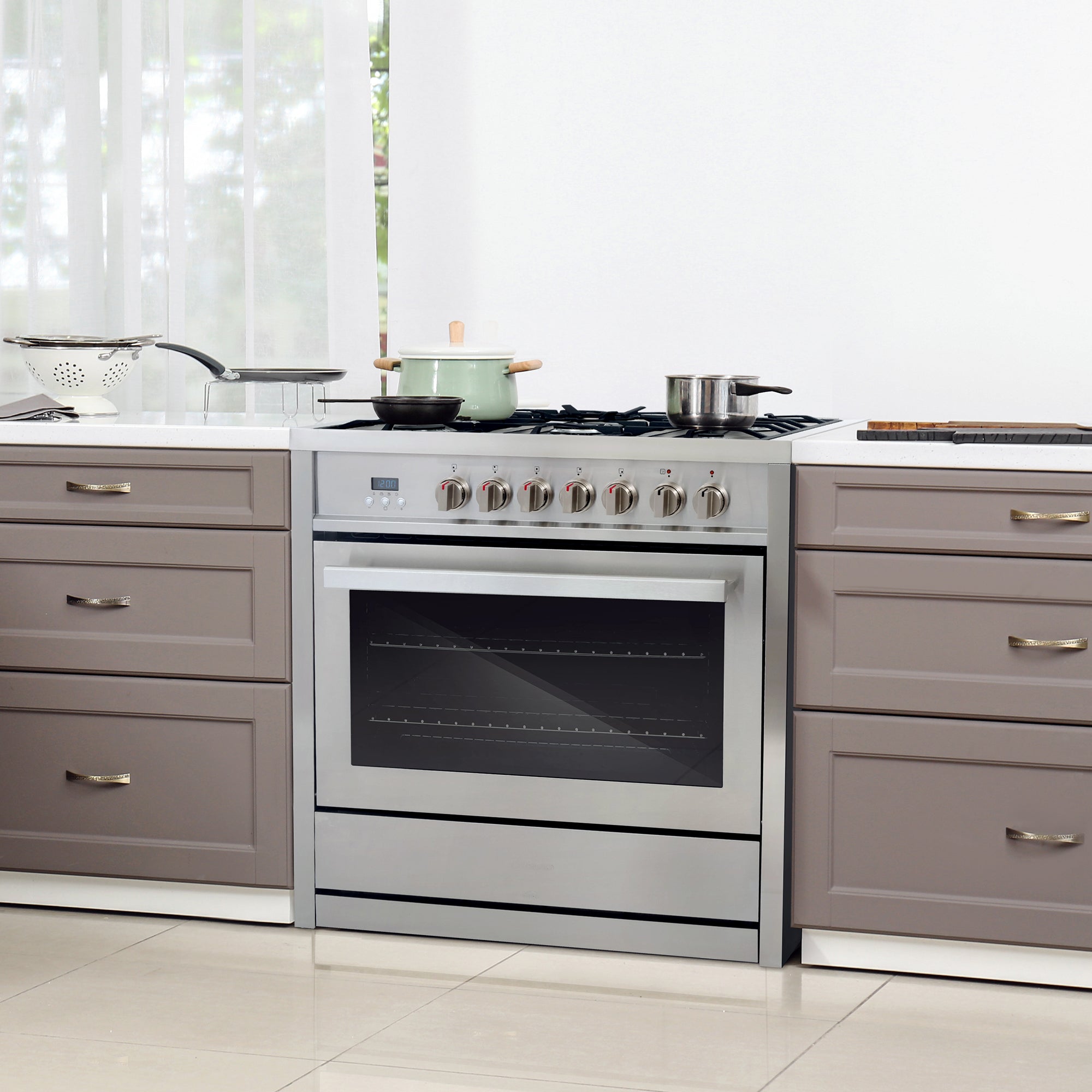 Cosmo Stellar 36 in. 3.8 cu. ft. 5-Burner Stainless Steel Dual Fuel Range with Storage Drawer | F965NF