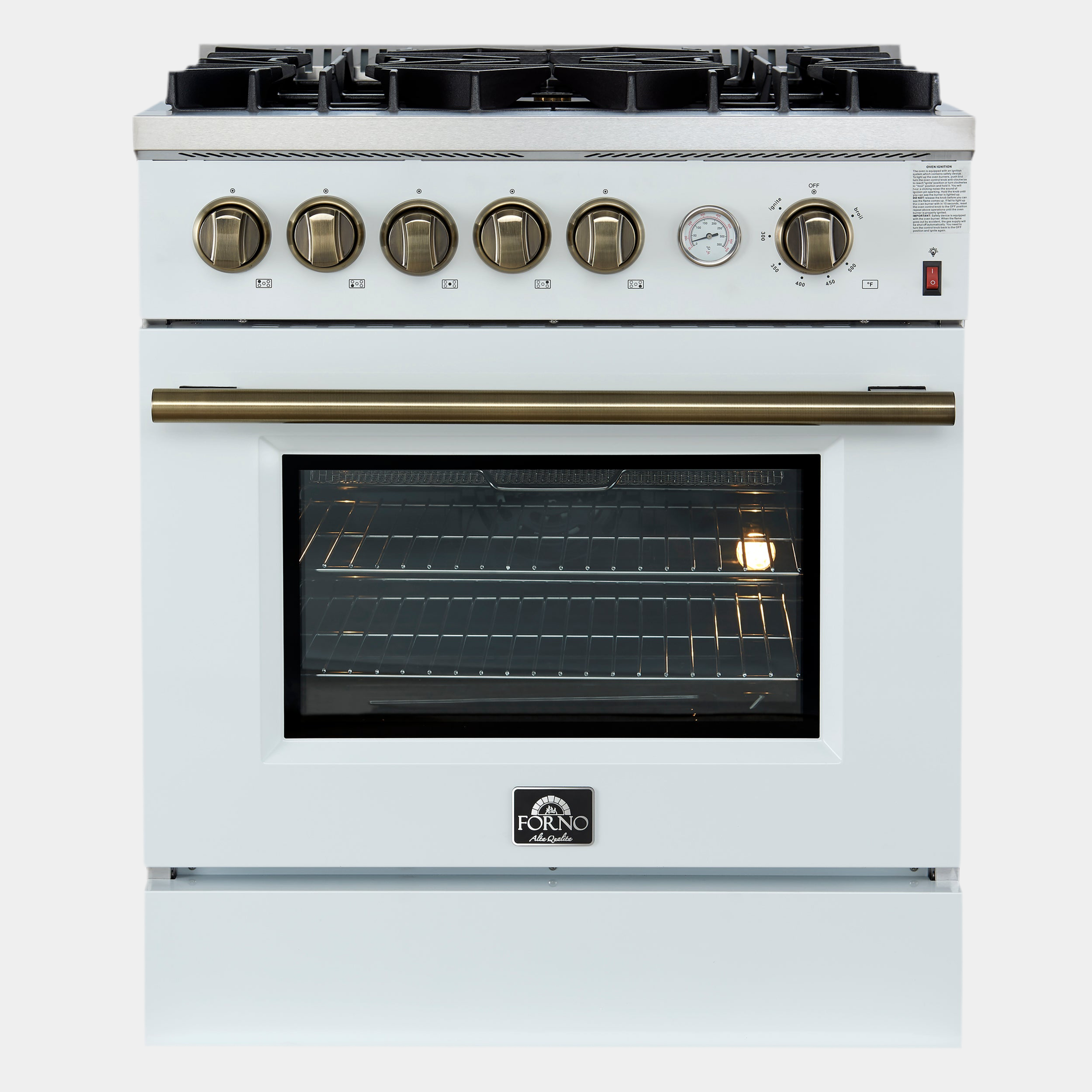 Giovanni 30-inch Gas Range White & Antique Brass Design, 5 Burners 67,000 BTU, 4.32 cu.ft. Convection Oven