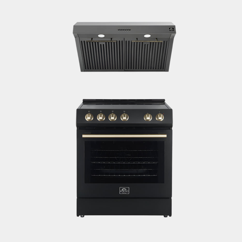 FORNO Premium 2-Piece Kitchen Bundle - Leonardo Espresso 30" Black Range, 30" Black Range Hood - FBDL-002-02US
