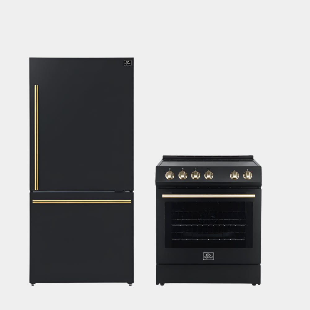 FORNO Premium 2-Piece Kitchen Bundle - Leonardo Espresso 30" Black Range, 31" Black Bottom Freezer Refrigerator - FBDL-003-02US