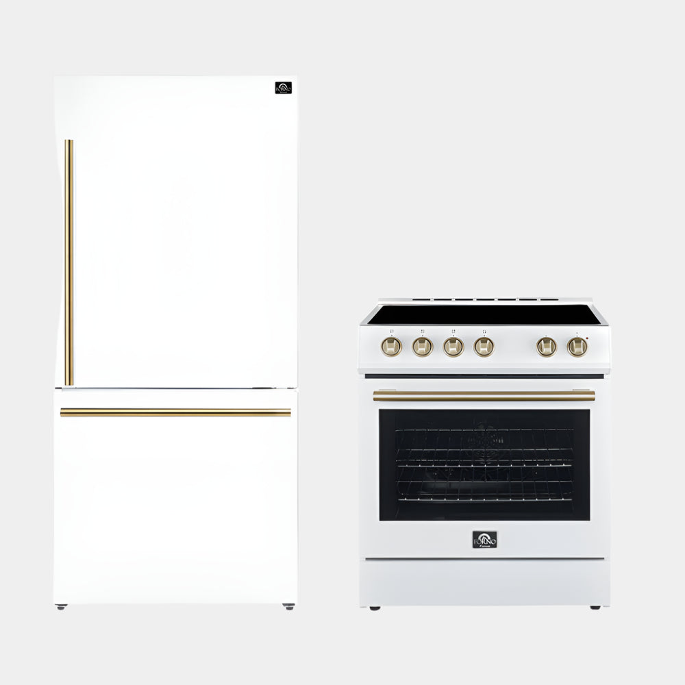 FORNO Premium 2-Piece Kitchen Bundle - Leonardo Espresso 30" White Range, 31" White Bottom Freezer Refrigerator - FBDL-003-03US