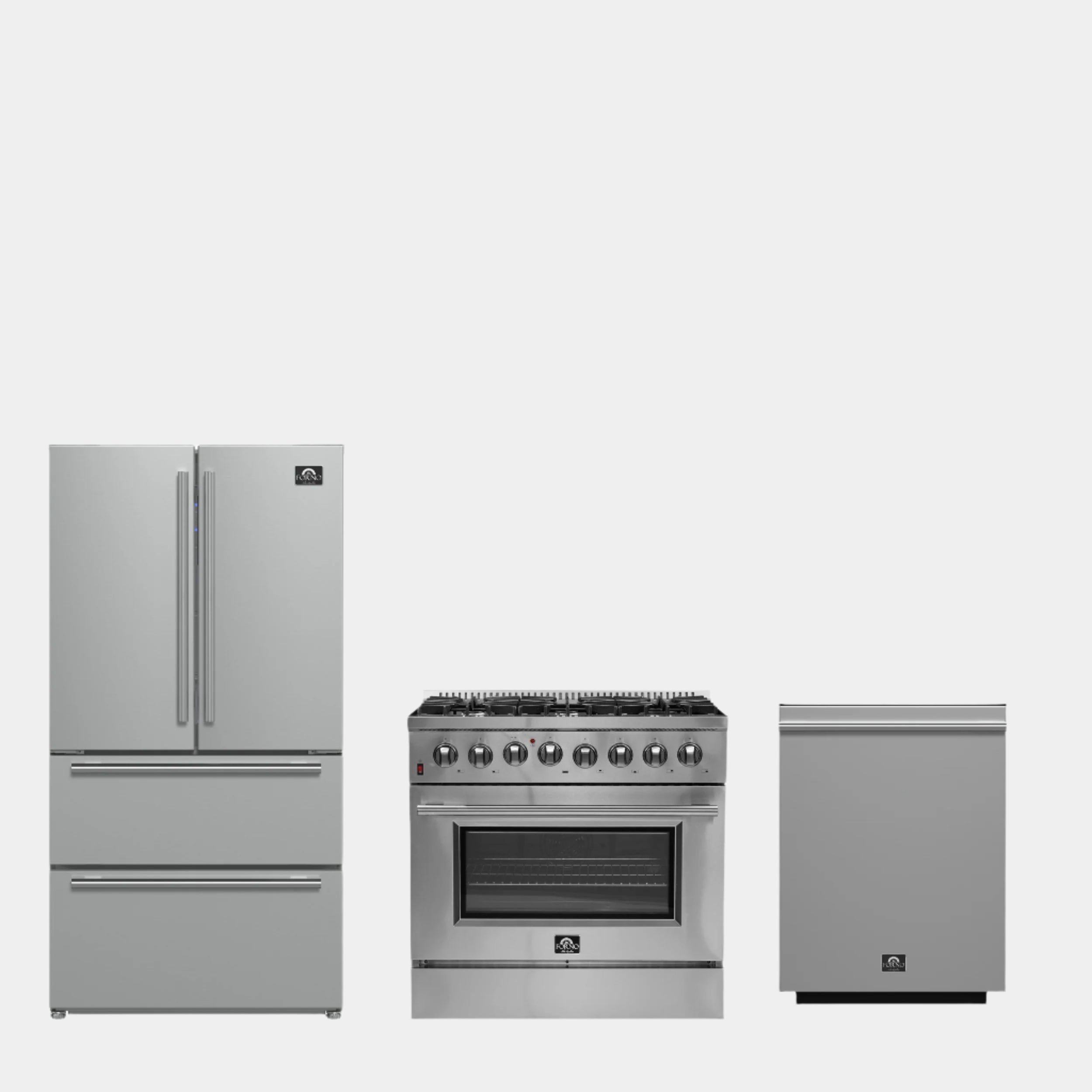 FORNO Premium 3-Piece Kitchen Bundle - Galiano 36" Dual Fuel Range, 36" French Door Refrigerator, 24" Built-In Dishwasher - FBDL-004-02CAUS