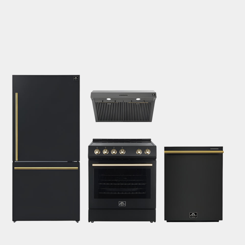 FORNO Premium 4-Piece Kitchen Bundle - Leonardo Espresso 30" Black Electric Range, 30" Black Range Hood, 31" Black Bottom Freezer Refrigerator, 24" Black Built-In Dishwasher - FBDL-006-02US