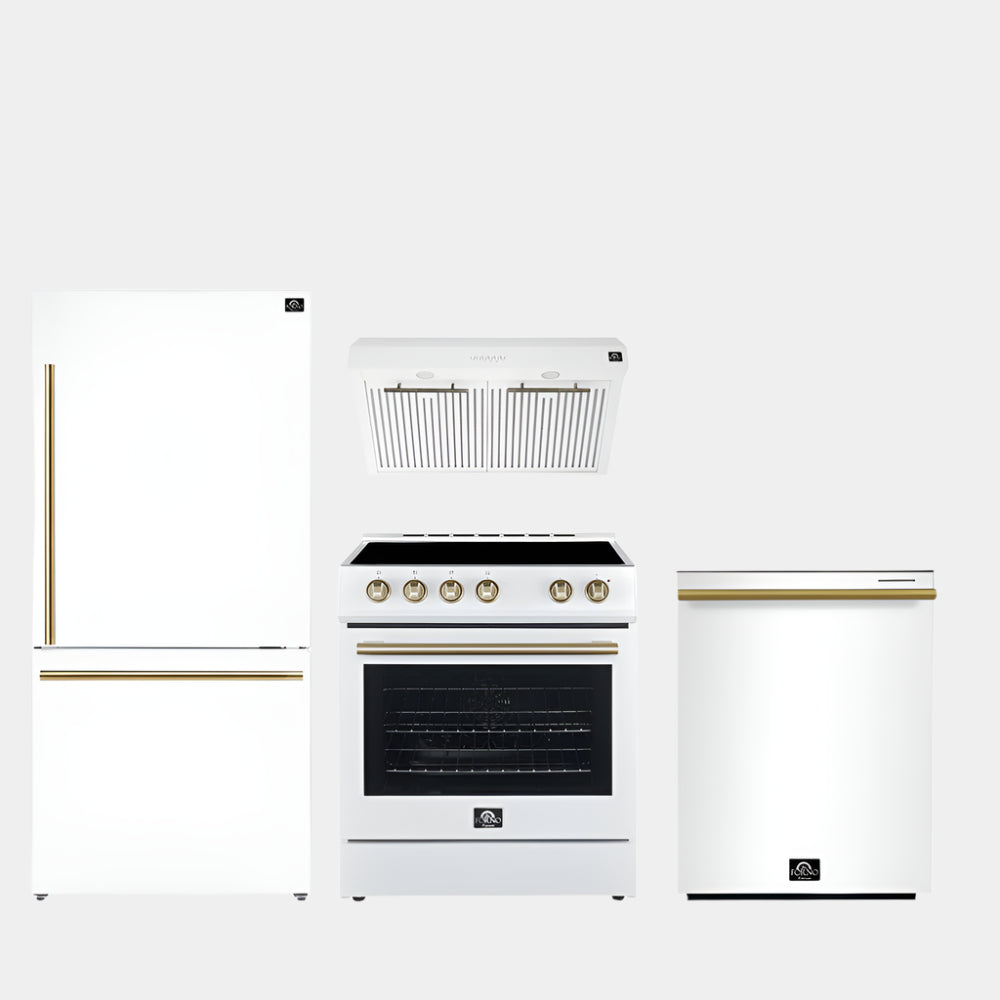 FORNO Premium 4-Piece Kitchen Bundle - Leonardo Espresso 30" White Range, 30" White Range Hood, 31" White Bottom Freezer Refrigerator, 24" White Built-In Dishwasher - FBDL-006-03US