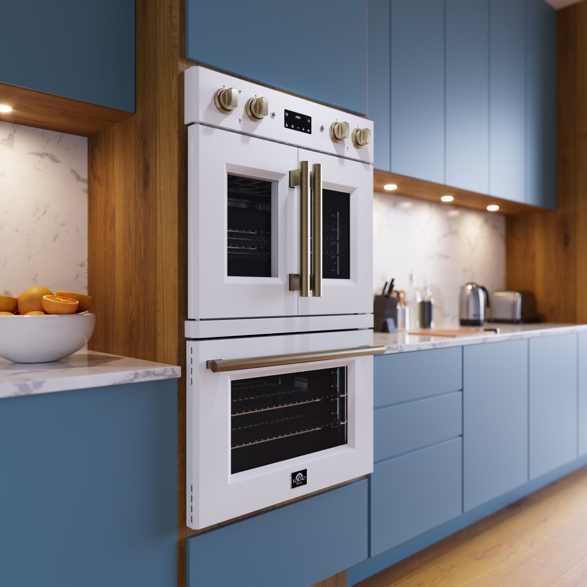 Forno Asti 30 in. 7.36 cu.ft. White Self-Cleaning Double Electric Wall Oven with Air Fry, Sous Vide and Antique Brass Accents | FBOEL1340-30WHT