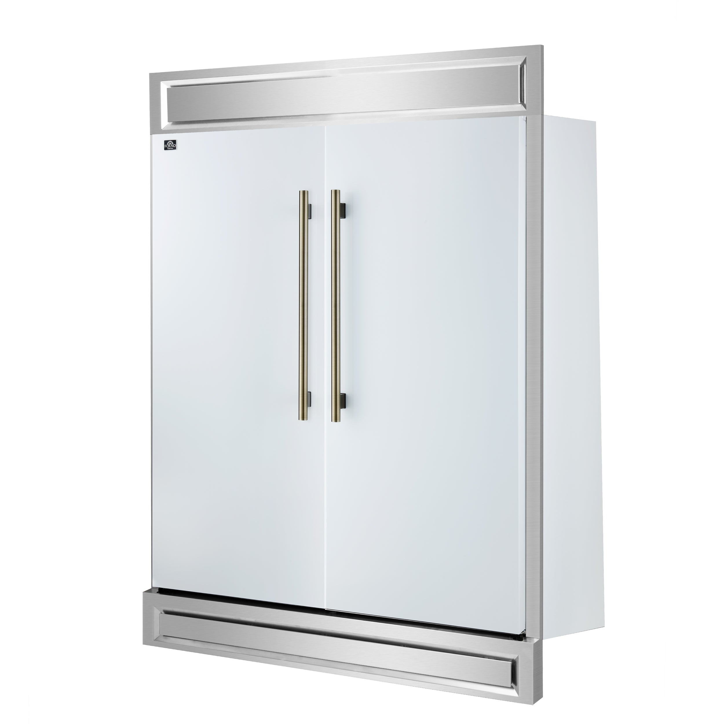 Forno Maderno 60 in. 27.2 cu.ft. White Built-In Convertible Refrigerator/Freezer with Modern Trim Kit and Antique Brass Handles | FFFFD1722-60MG-WHT