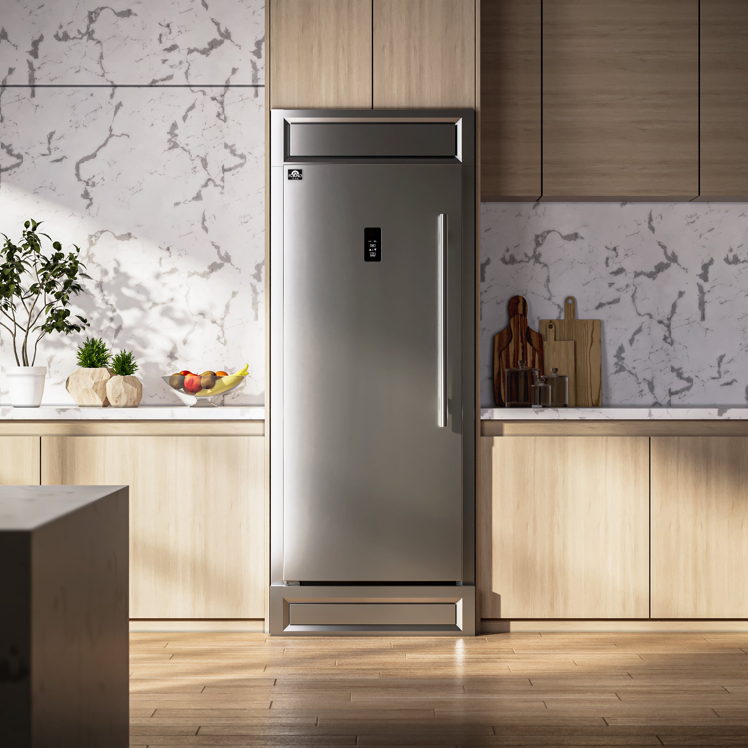 Forno Fortezza 32 in. 14 cu.ft. Left Swing Stainless Steel Built-In Freezer with Fast Freeze, Ice Maker, Digital Controls and Modern Trim Kit | FFFFD1738-32LMG