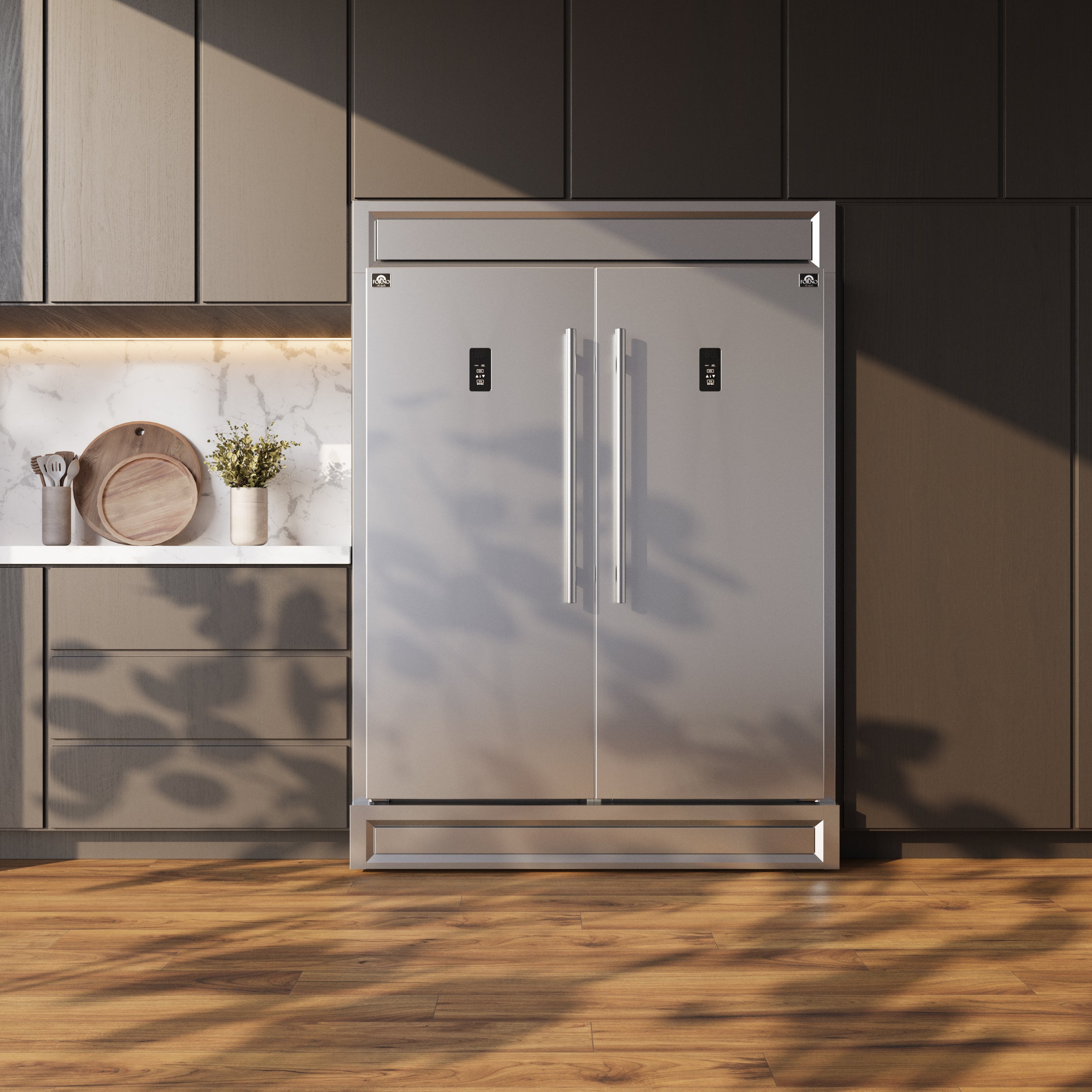 Forno Fortezza 60 in. 28 cu.ft. Stainless Steel Built-In Convertible Refrigerator/Freezer with Ice Maker and Modern Trim Kit | FFFFD1738-60MG