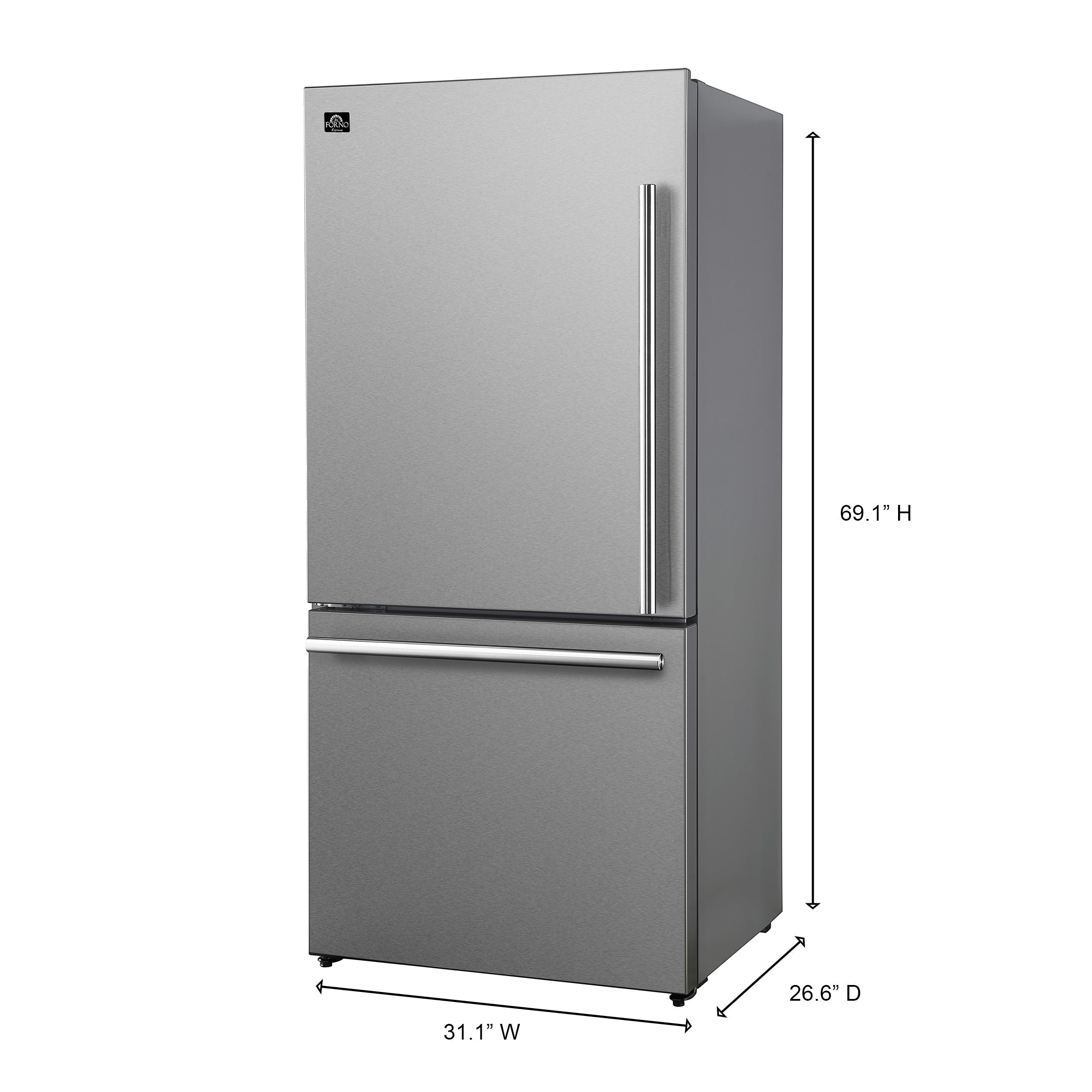 Forno Espresso Milano 31 in. 17.2 cu.ft. Stainless Steel Left Swing Refrigerator with Bottom Freezer and Ice Maker | FFFFD1786-31S