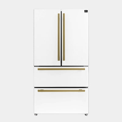 Forno Espresso Moena 36 in. 19.2 cu. ft. Counter Depth White Refrigerator with Ice Maker and Antique Brass Handles | FFRBI1820-36WHT