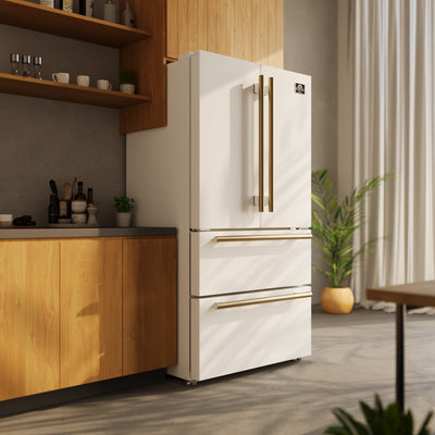 Forno Espresso Moena 36 in. 19.2 cu. ft. Counter Depth White Refrigerator with Ice Maker and Antique Brass Handles | FFRBI1820-36WHT