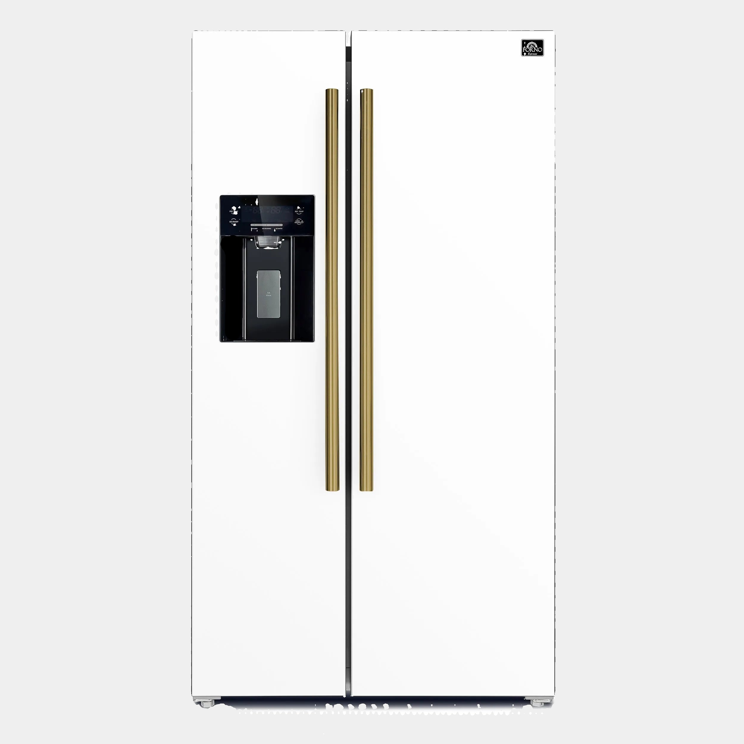Forno Salerno 36 in. 20 cu. ft. Side-by-Side White Refrigerator with Water, Ice Dispenser and Antique Brass Accents | FFRBI1844-36WHT