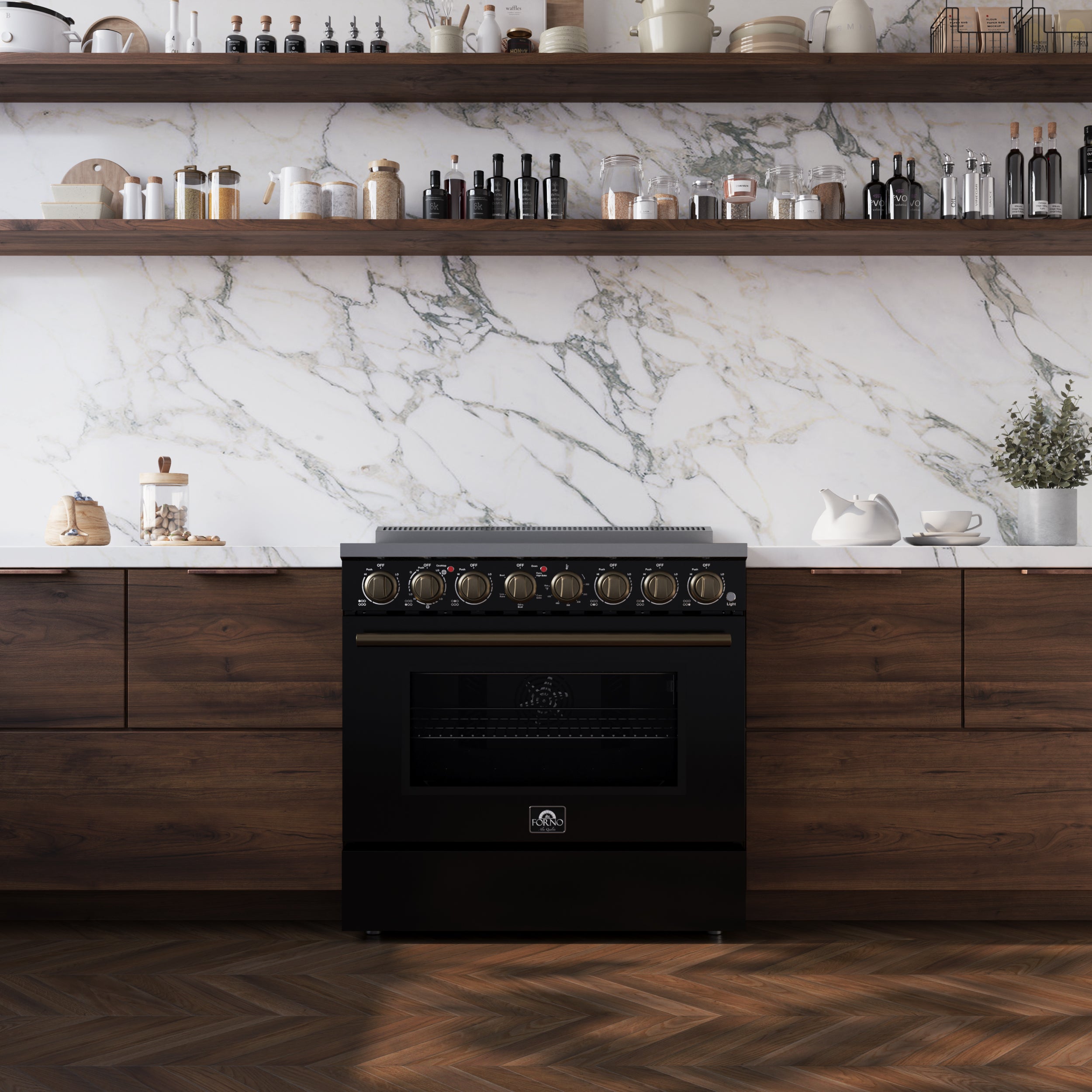 Forno Paolo 36 in. 5.44 cu. ft. Black Electric Range with Antique Brass Accents | FFSEL6011-36BLK