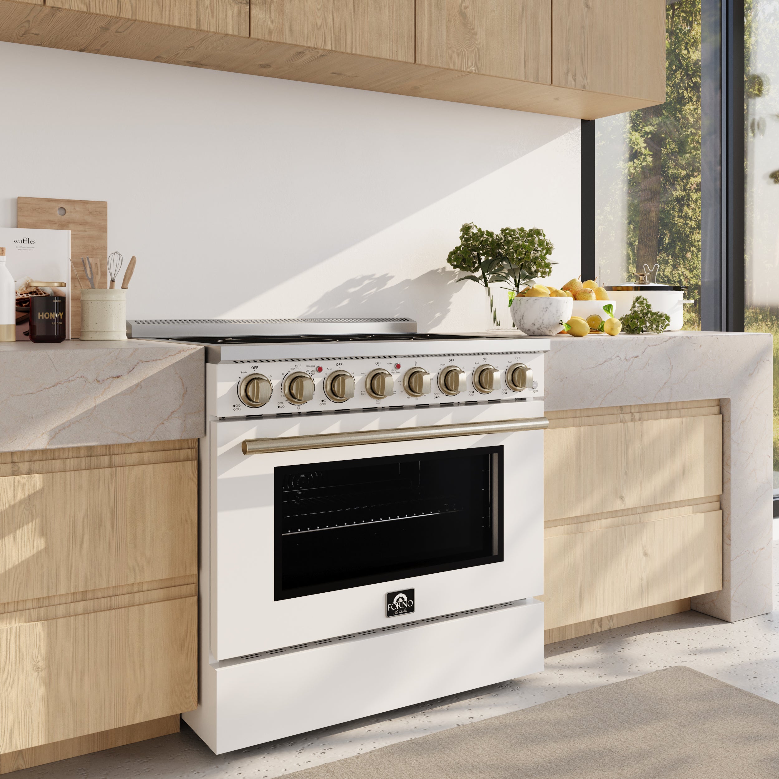 Forno Paolo 36 in. 5.44 cu. ft. White Electric Range with Antique Brass Accents | FFSEL6011-36WHT