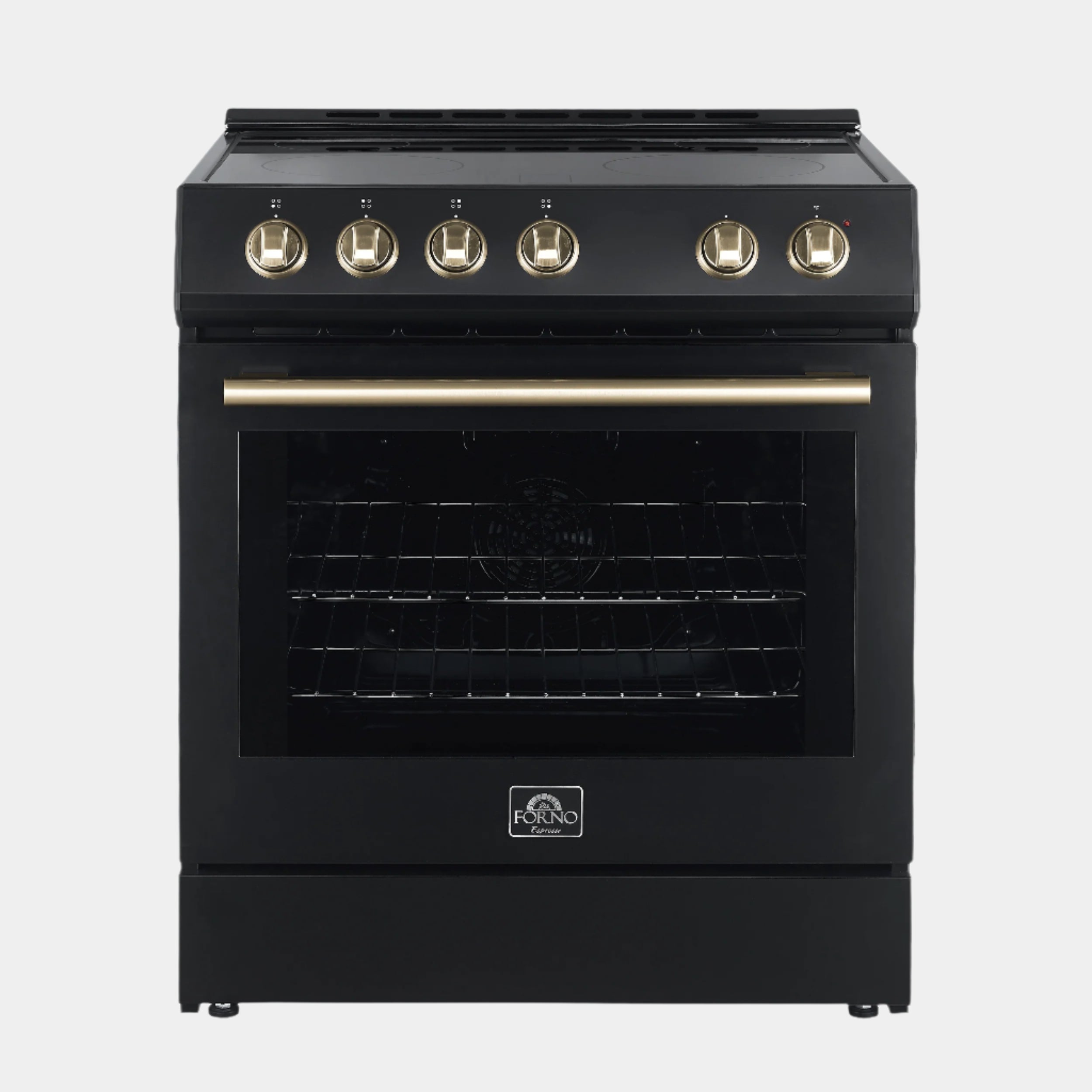 FORNO Premium 3-Piece Kitchen Bundle - Leonardo Espresso 30" Black Range, 30" Black Range Hood, 31" Black Bottom Freezer Refrigerator - FBDL-001-02US