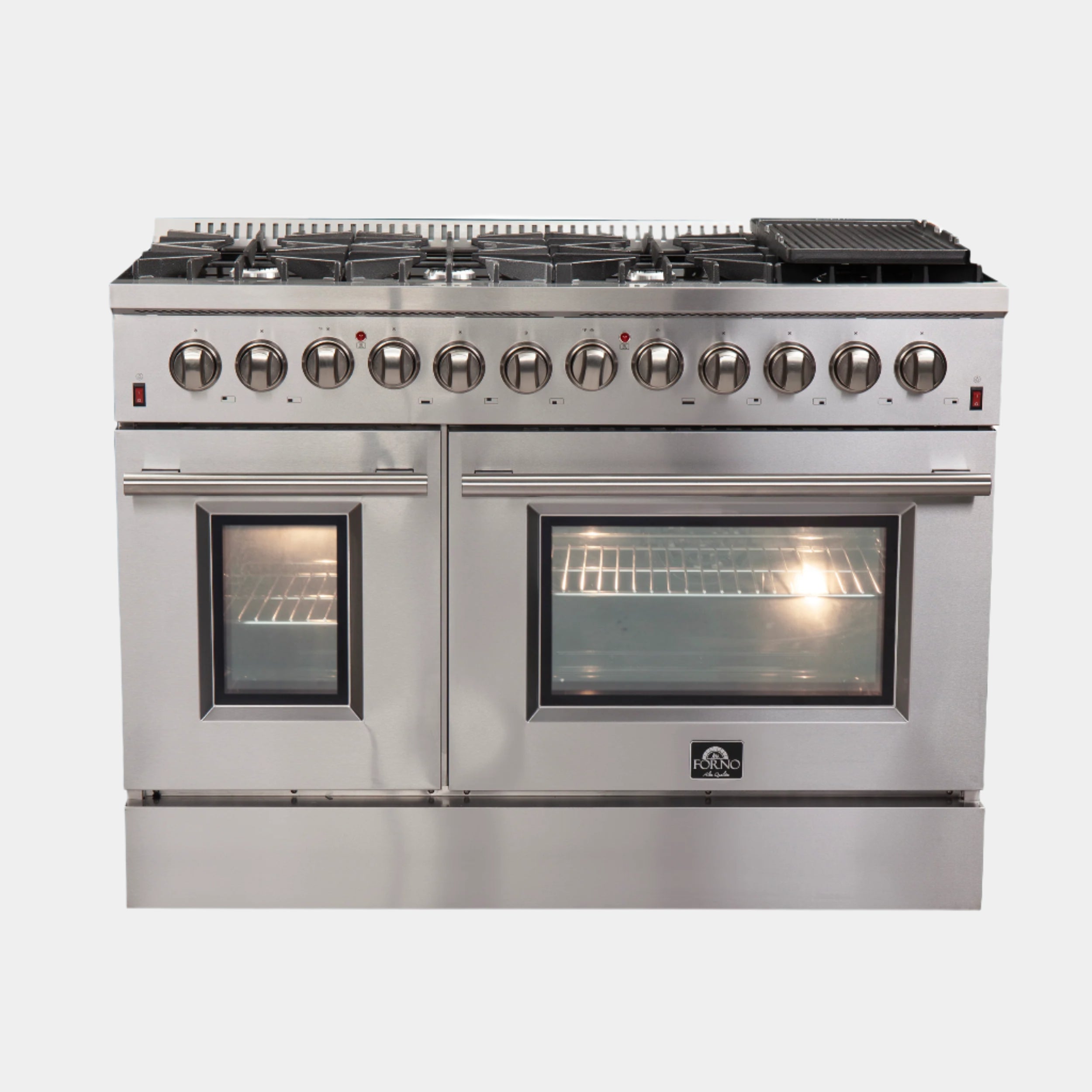 FORNO Premium 3-Piece Kitchen Bundle - FORNO Galiano 48" Freestanding Dual Fuel Range, FORNO Rizzuto 60" W. Dual Combo Convertible Refrigerator, FORNO 48" Wall Mount Range Hood - FBDL-017-02US