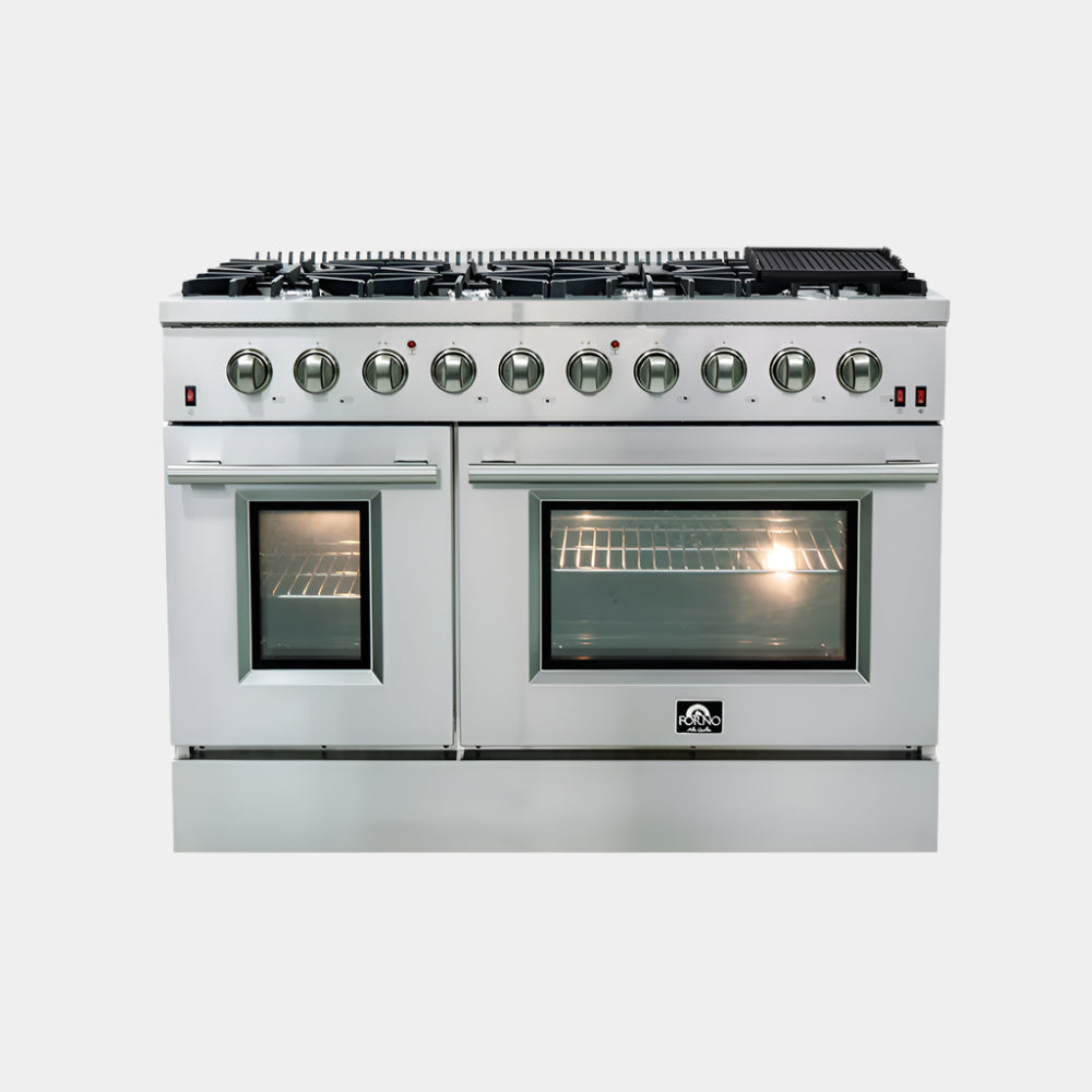 Forno Galiano 48-Inch Freestanding Gas Range, Stainless Steel, 8 Burners, 107,000 BTU, Griddle, Double Ovens, Energy Efficient
