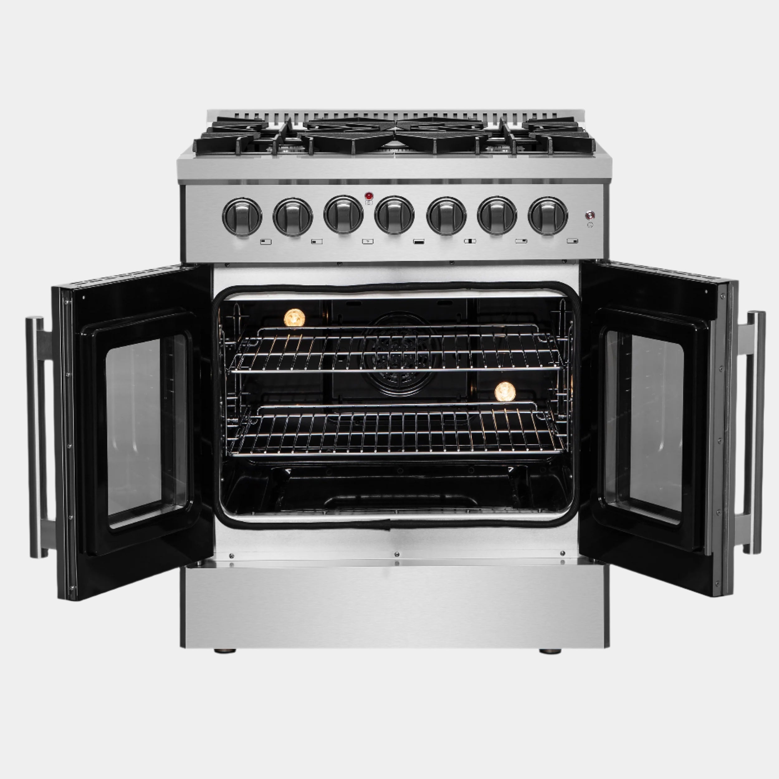 Forno Galiano 30-inch French Door Dual Fuel Range All Stainless Steel, 5 Sealed Burners 68,000 BTU, 4.32 cu.ft. True Convection Oven