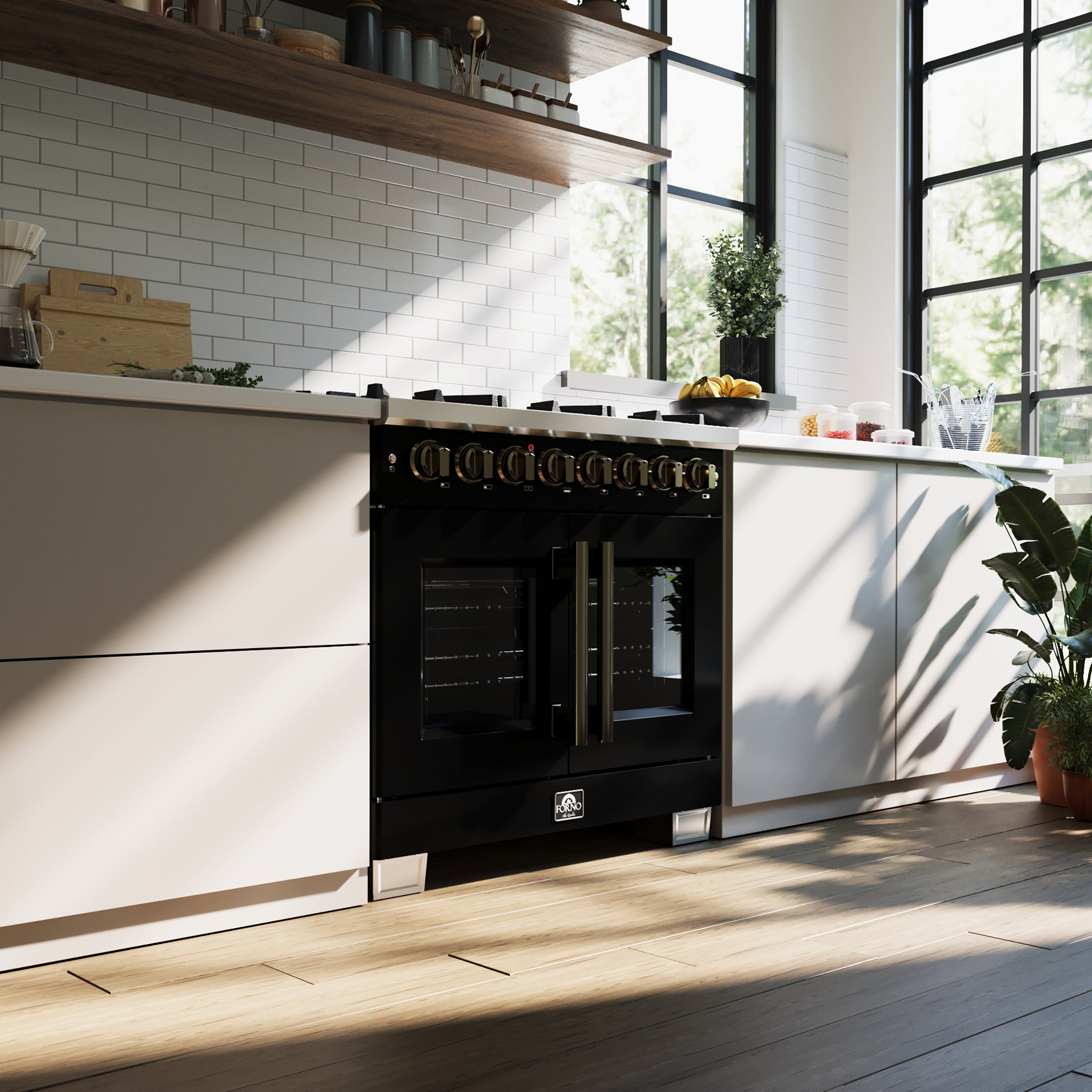 Forno Capriasca 36 in. 5.36 cu. ft. 6-Burner Black French Door Dual Fuel Range with Antique Brass Accents | FFSGS6387-36BLK