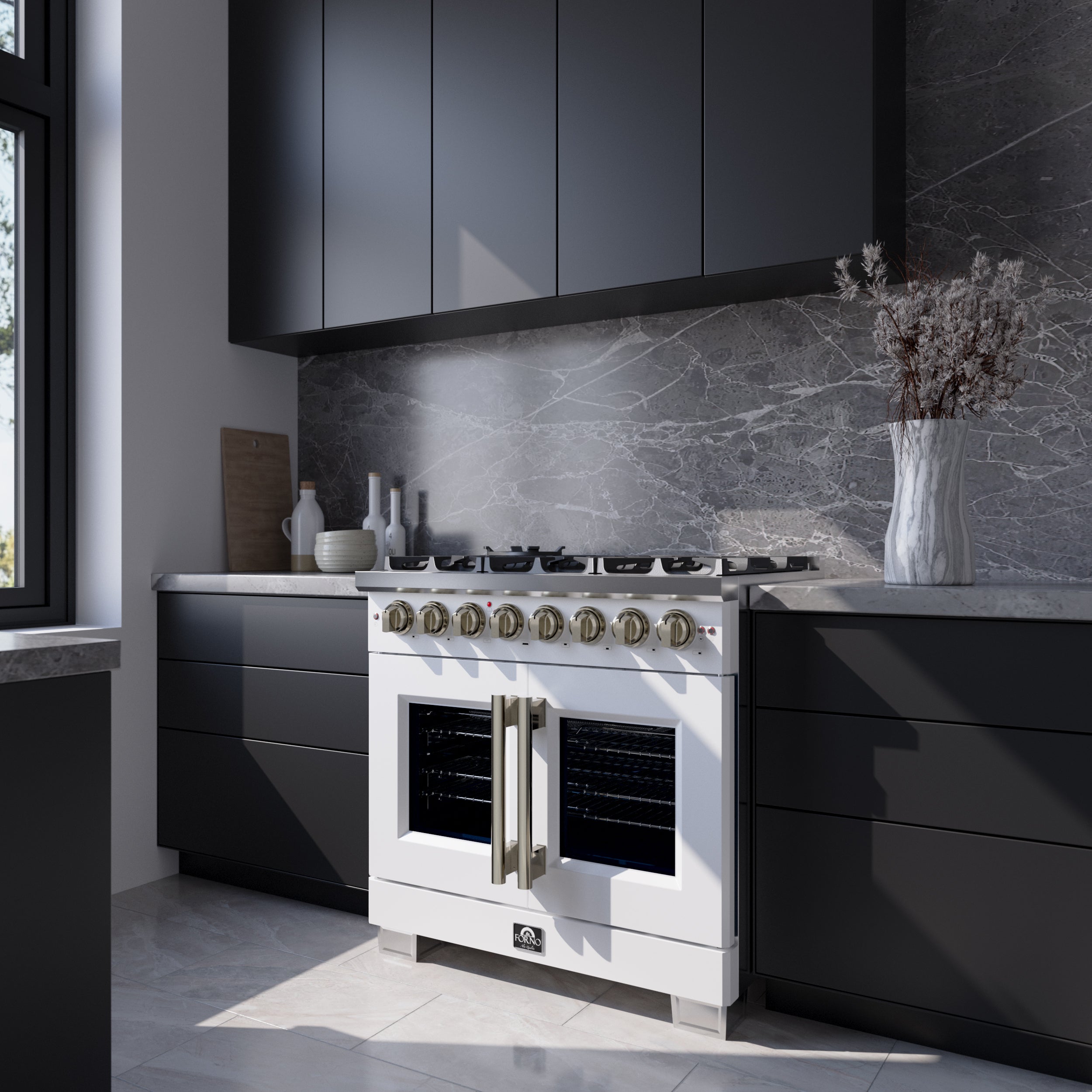 Forno Capriasca 36 in. 5.36 cu. ft. 6-Burner White French Door Dual Fuel Range with Antique Brass Accents | FFSGS6387-36WHT