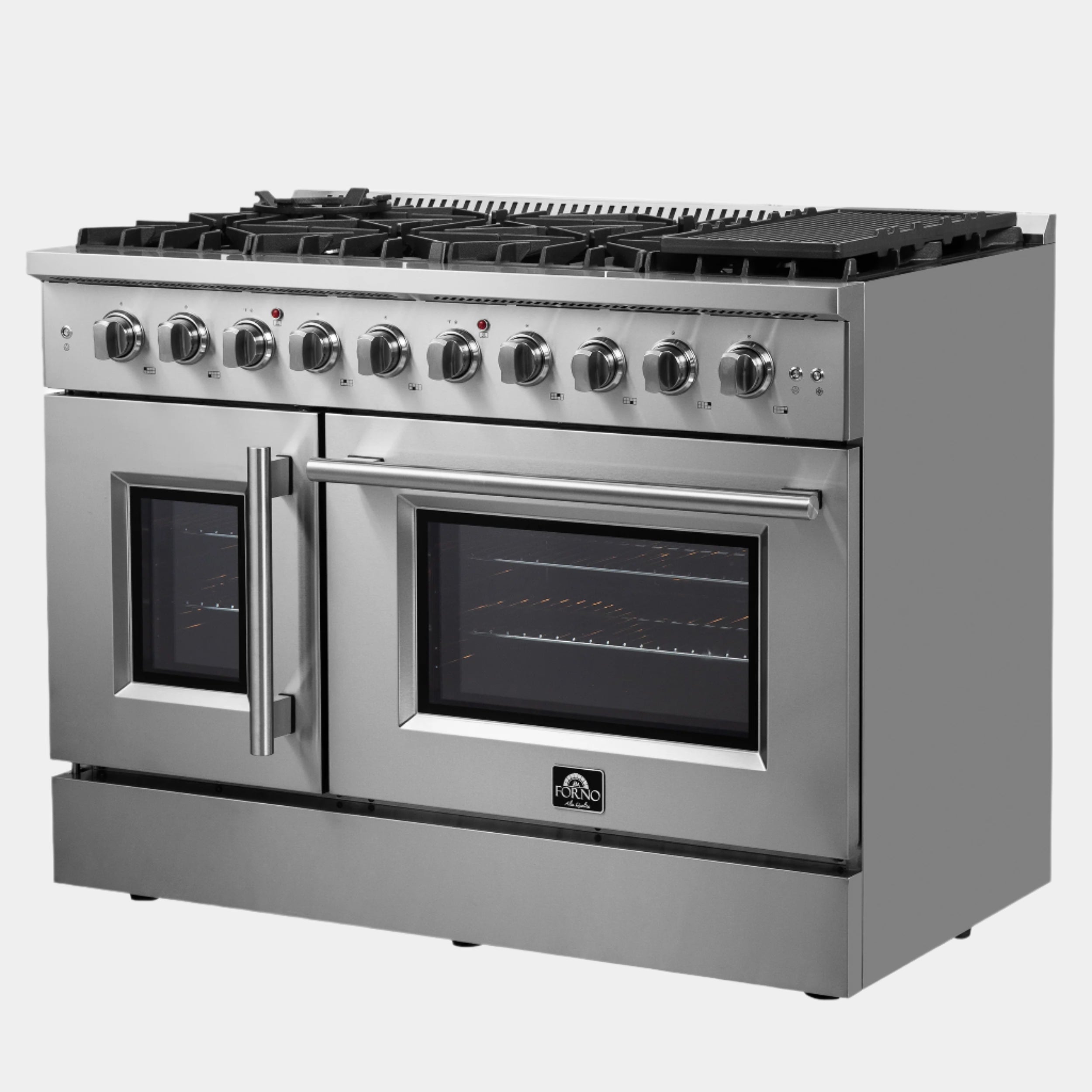 Forno Galiano 48-Inch Freestanding French Door Gas Range, 8 Burners, Griddle, Convection Oven, Energy Efficient
