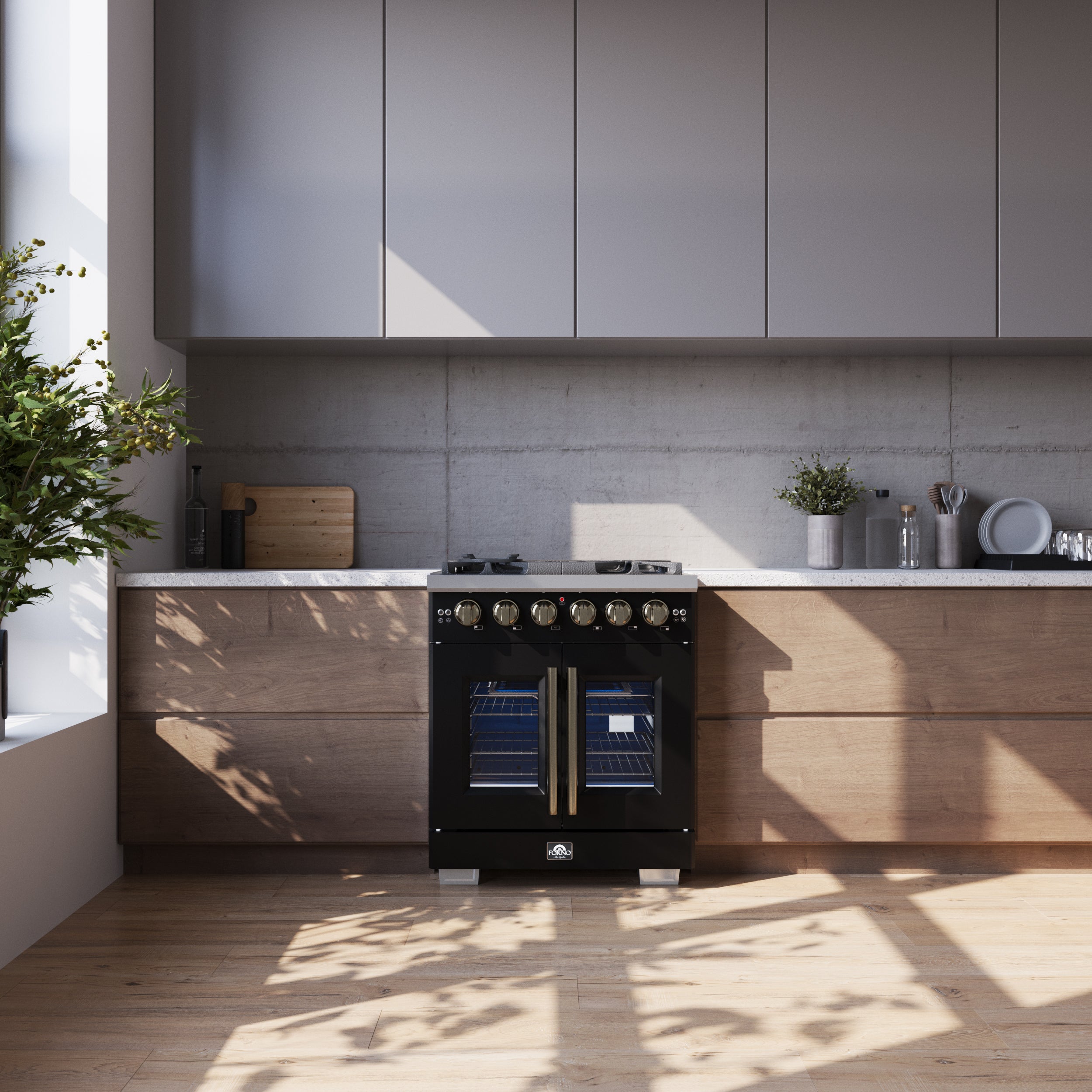 Forno Capriasca 30 in. 4.32 cu. ft. 5-Burner Black French Door Gas Range with Antique brass Accents | FFSGS6460-30BLK