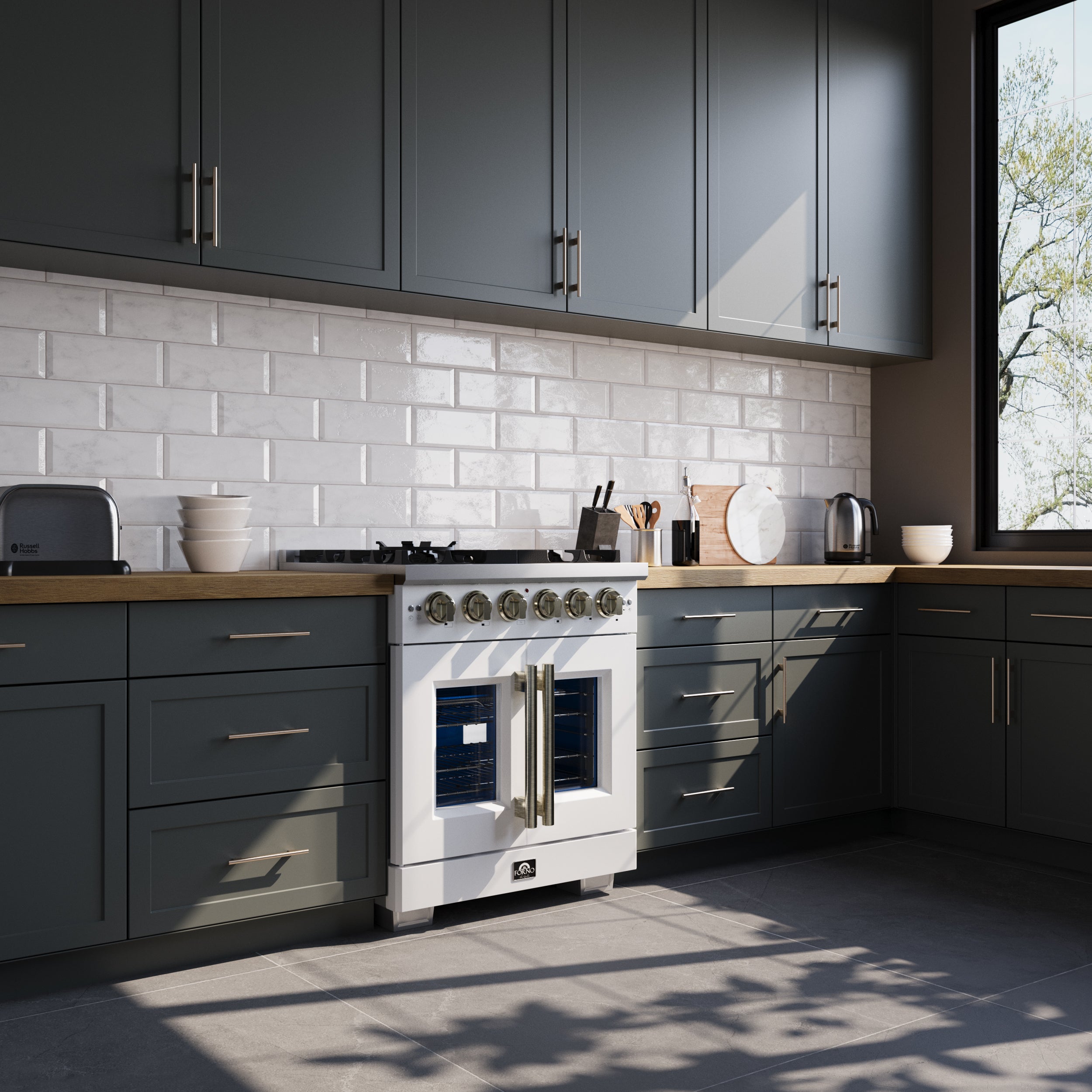 Forno Capriasca 30 in. 4.32 cu. ft. 5-Burner White French Door Gas Range with Antique brass Accents | FFSGS6460-30WHT