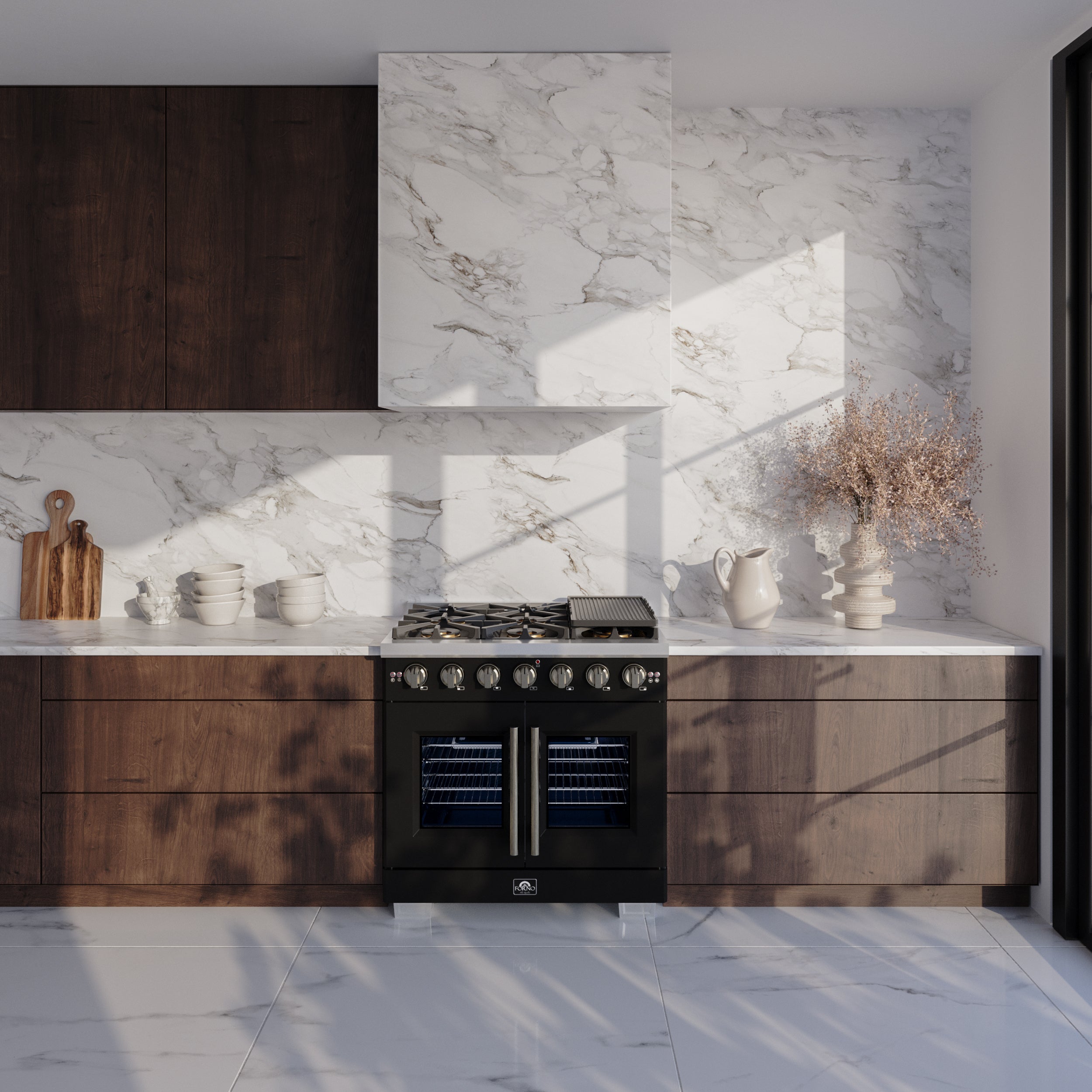 Forno Capriasca 36 in. 5.36 cu. ft. 6-Burner Black French Door Gas Range with Antique brass Accents | FFSGS6460-36BLK