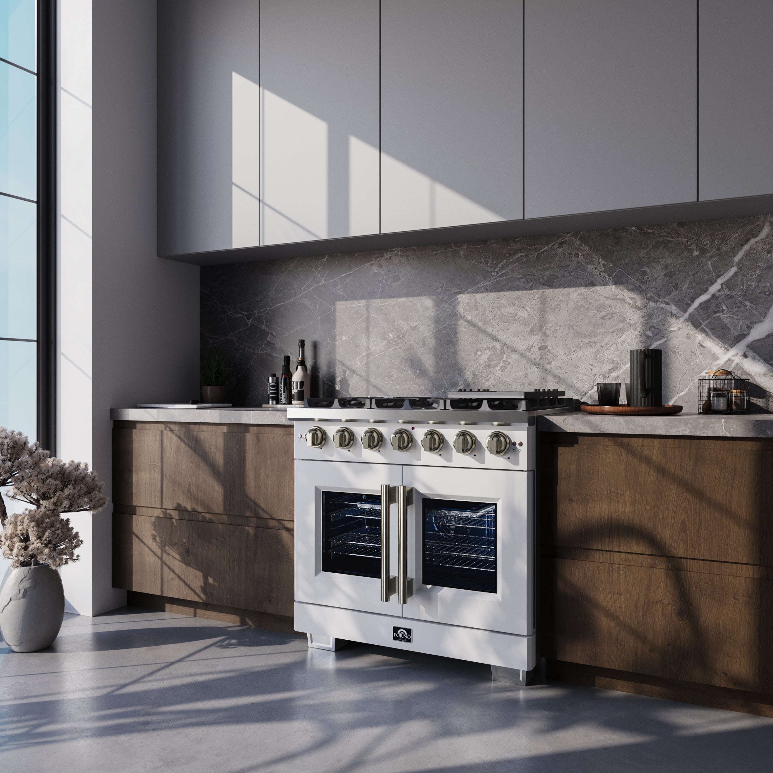 Forno Capriasca 36 in. 5.36 cu. ft. 6-Burner White French Door Gas Range with Antique brass Accents | FFSGS6460-36WHT