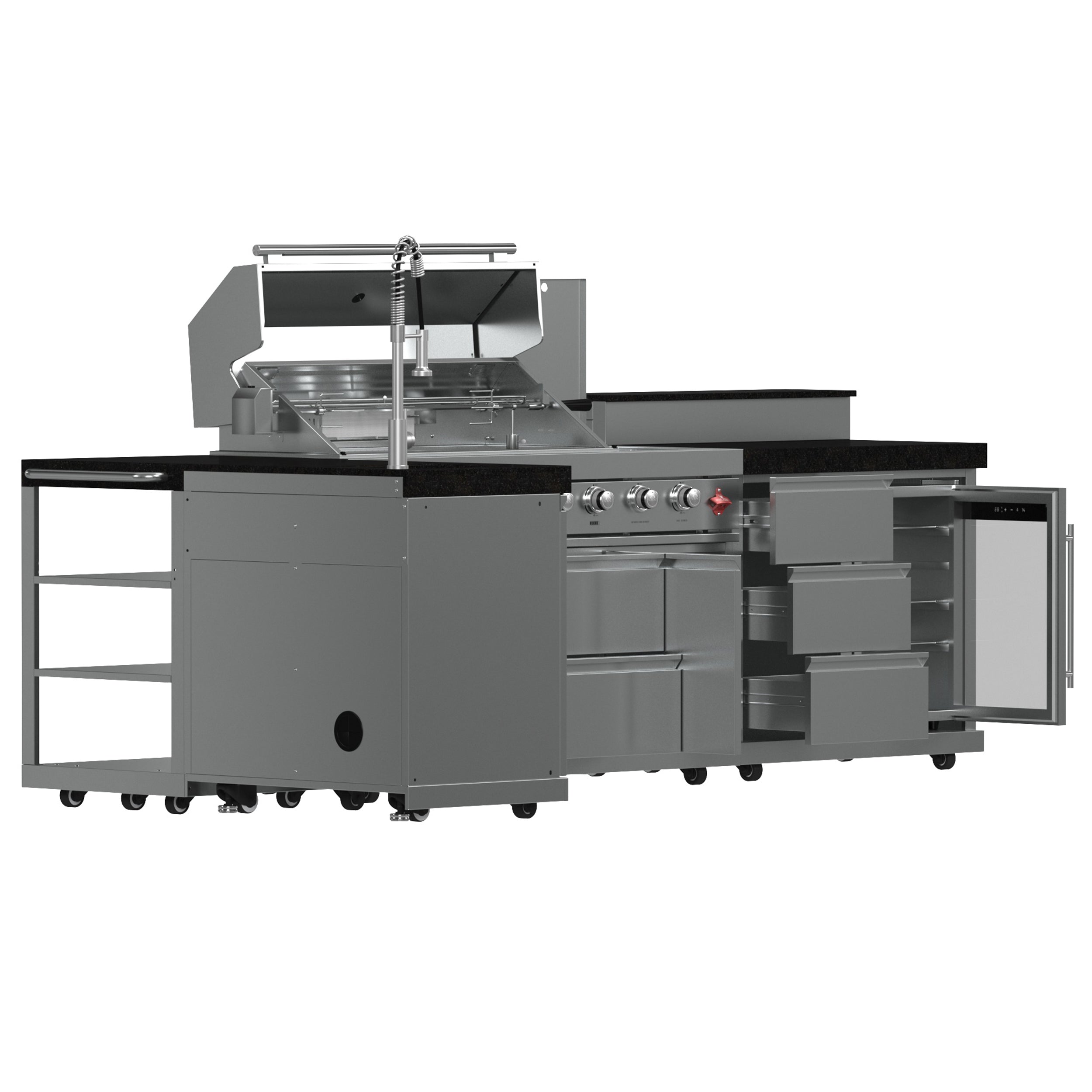 FORNO Bulnes 40-Inch BBQ, 95,000 BTU, 5 Burners, Sear & Rotisserie Infrared with Side Burner, Stainless Steel Outdoor Kitchen with 1.8 cu.ft. Beverage Center & Black Granite Countertops