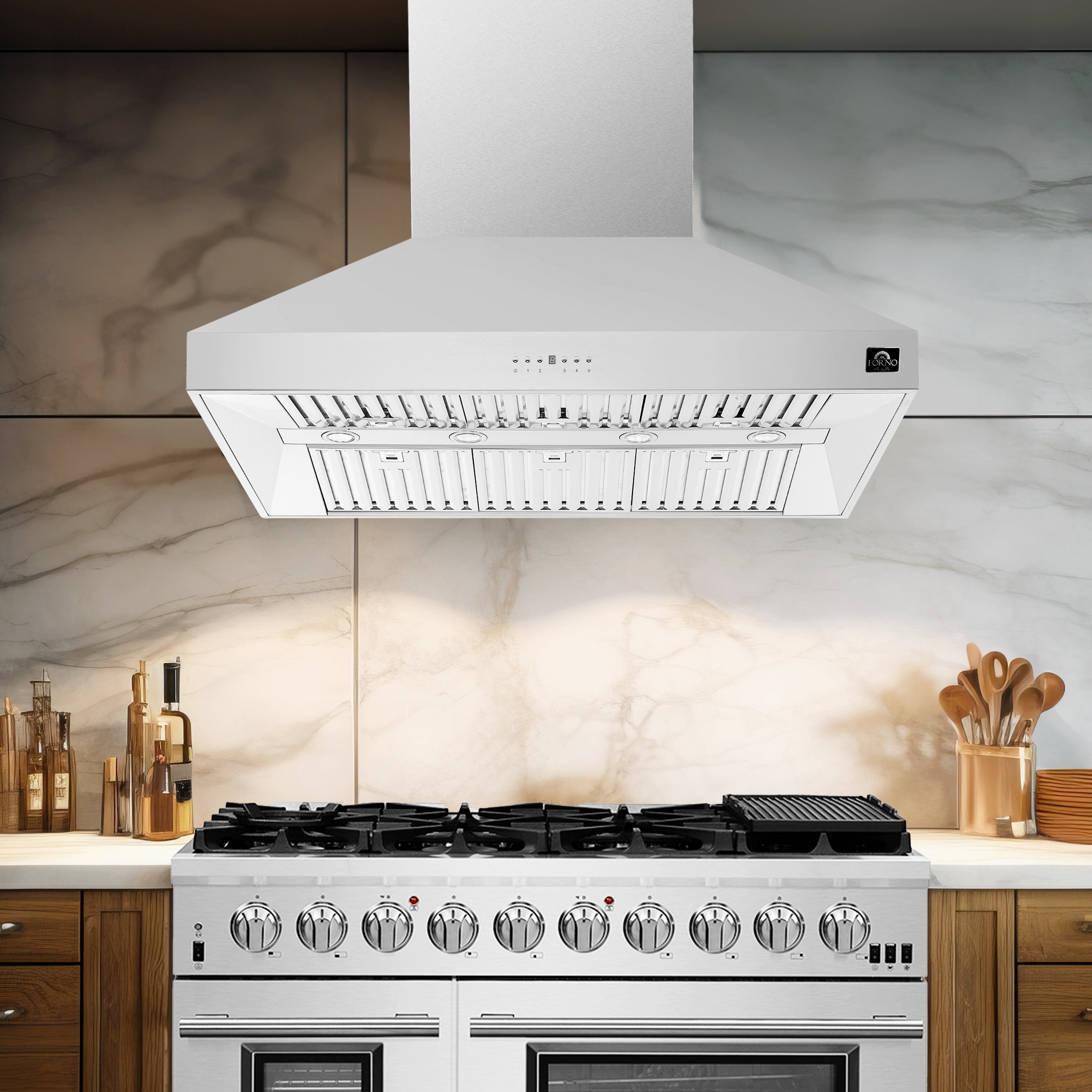 FORNO Premium 3-Piece Kitchen Bundle - FORNO Galiano 48" Freestanding Gas Range, FORNO Maderno 60" 2-Piece Convertible Refrigerator/Freezer Built-In with Decorative Grill Trim, 27.2 cu.ft., FORNO Orvieto 48" Wall Mount Range Hood - FBDL-018-04CAUS