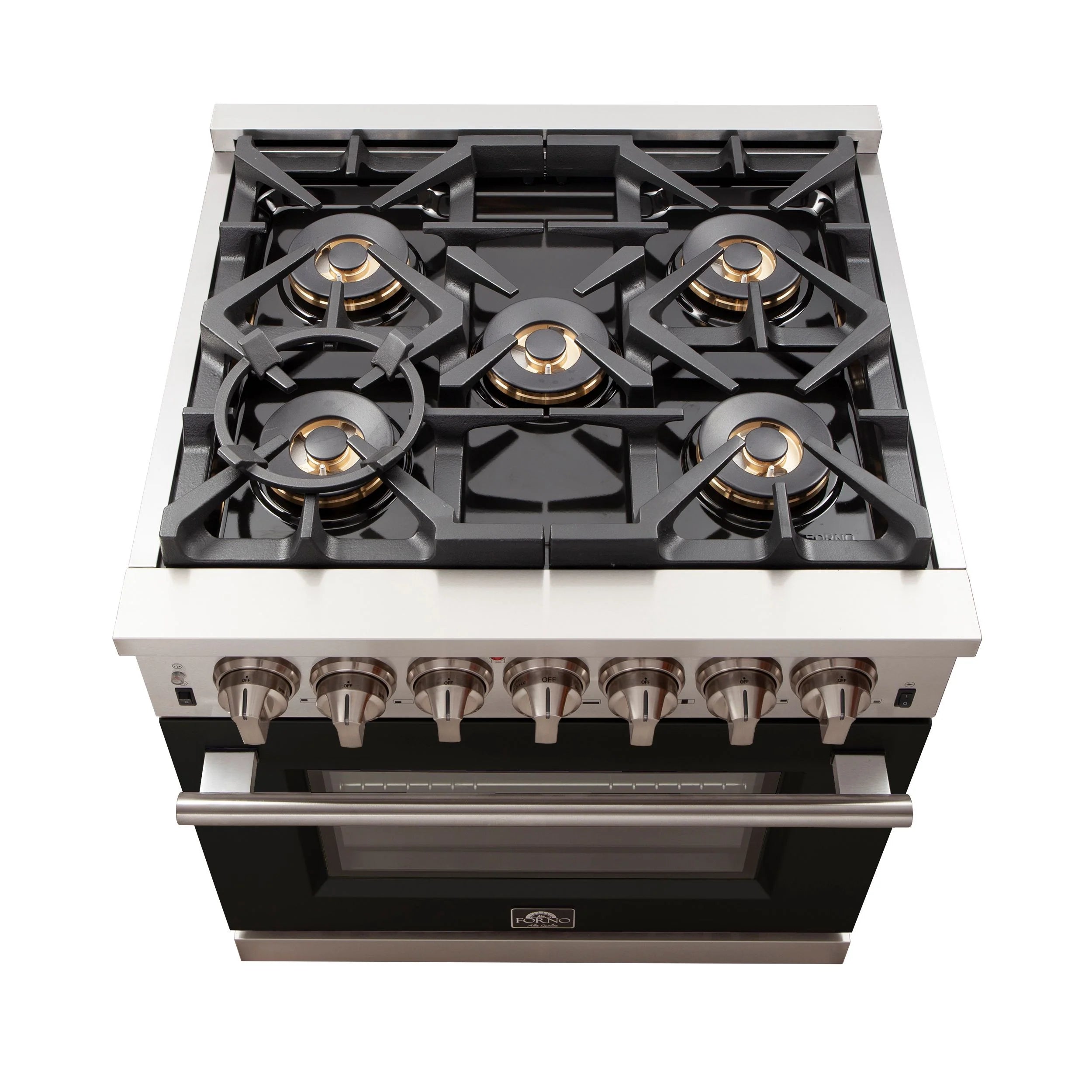Forno Capriasca 30 in. 5-burner Black Gas Range with Brass Burners 4.32 cu. ft. | FFSGS6260-30BLK