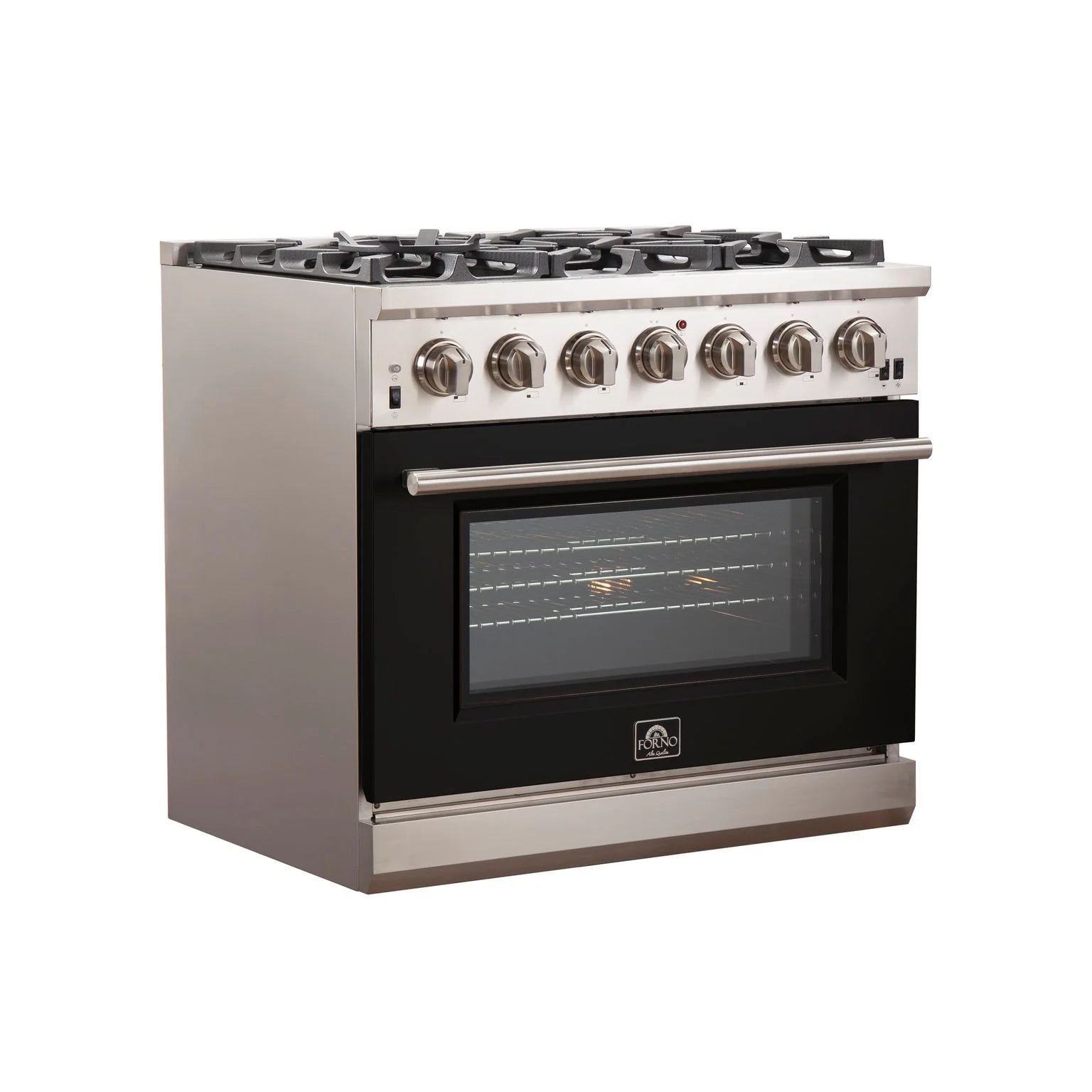 Forno Capriasca 36 In. 6-burner Black Gas Range with Brass Burners 5.36 cu. ft. | FFSGS6260-36BLK