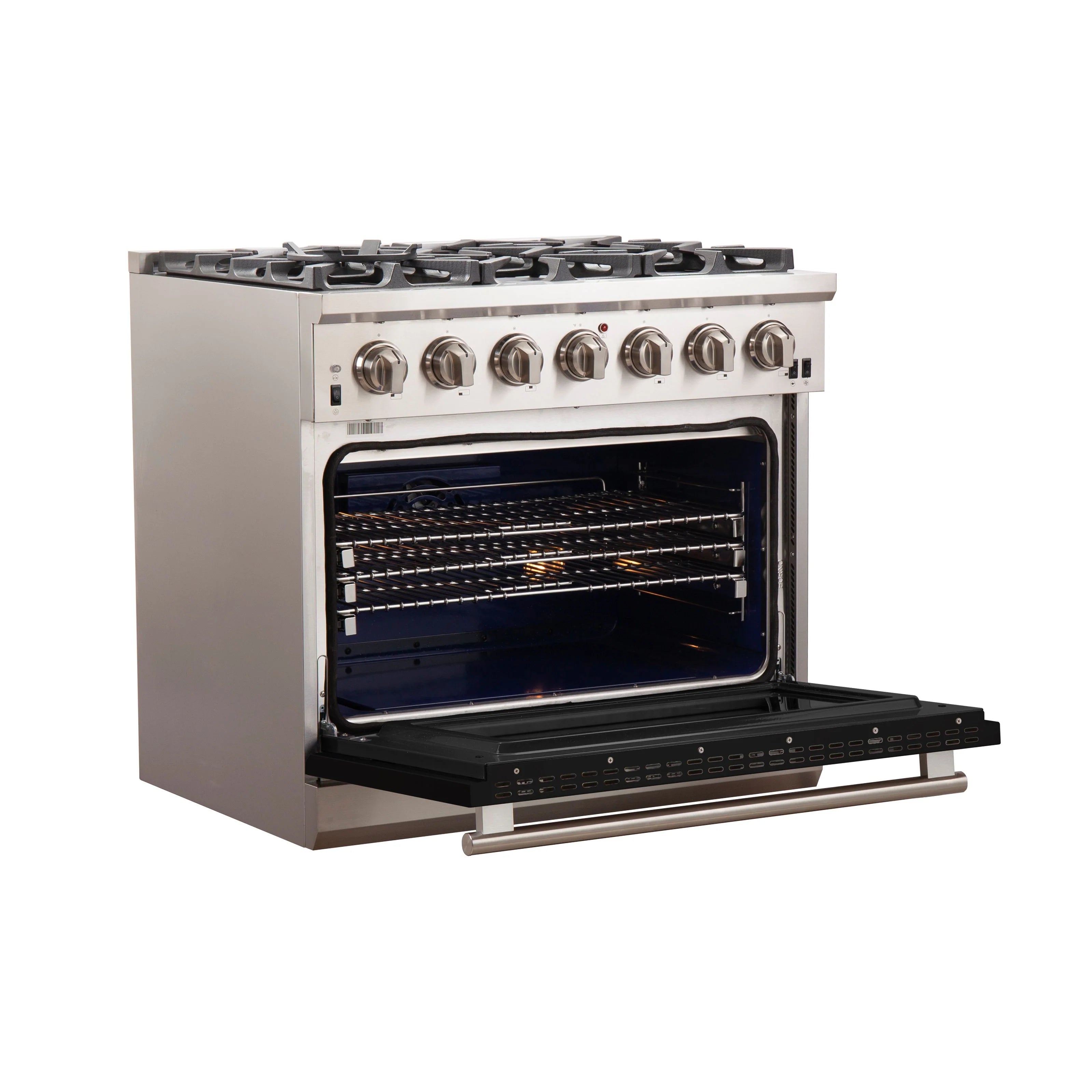 Forno Capriasca 36 In. 6-burner Black Gas Range with Brass Burners 5.36 cu. ft. | FFSGS6260-36BLK