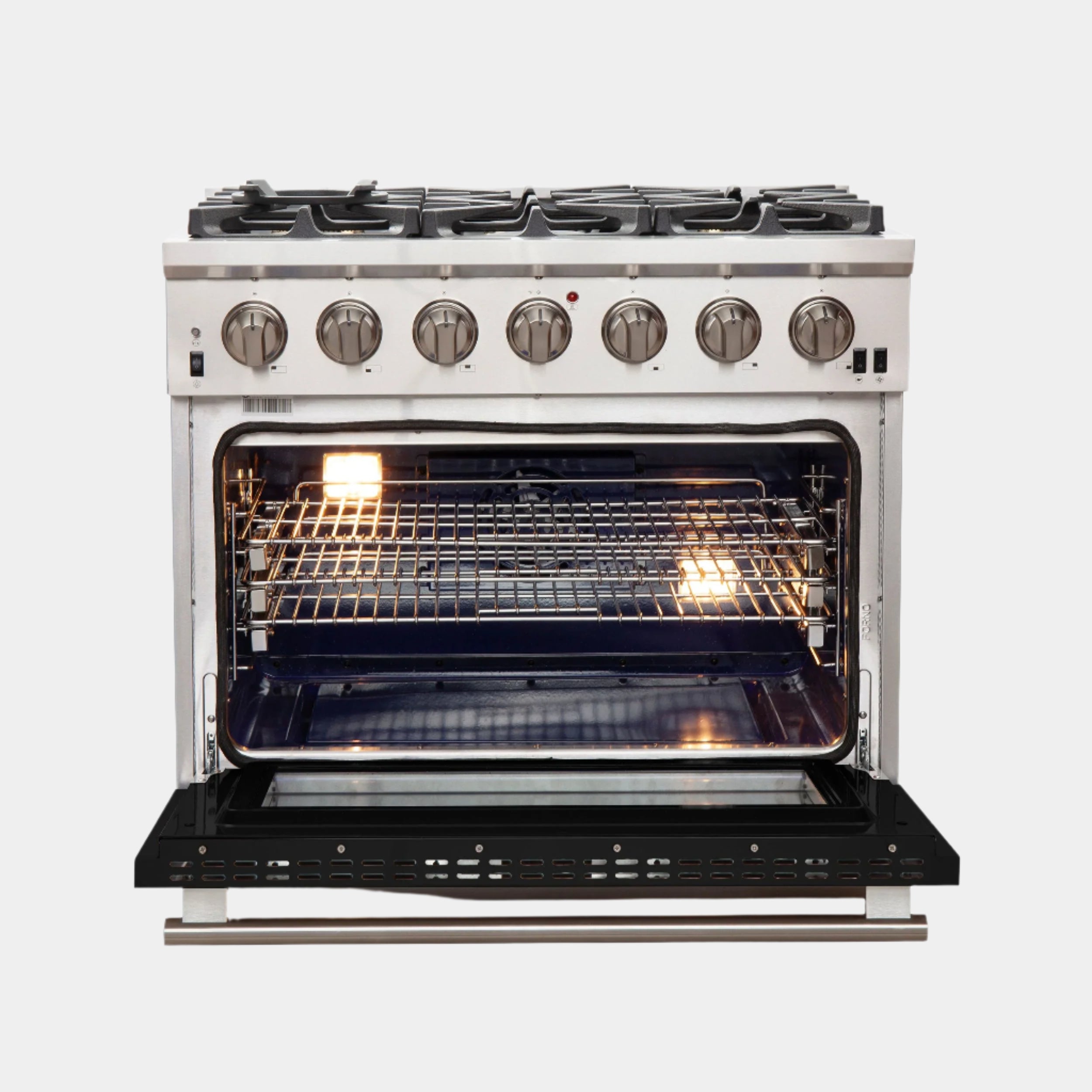 Forno Capriasca 36 In. 6-burner Black Gas Range with Brass Burners 5.36 cu. ft. | FFSGS6260-36BLK