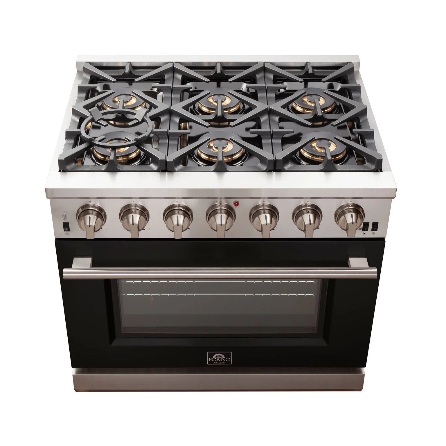 Forno Capriasca 36 In. 6-burner Black Gas Range with Brass Burners 5.36 cu. ft. | FFSGS6260-36BLK