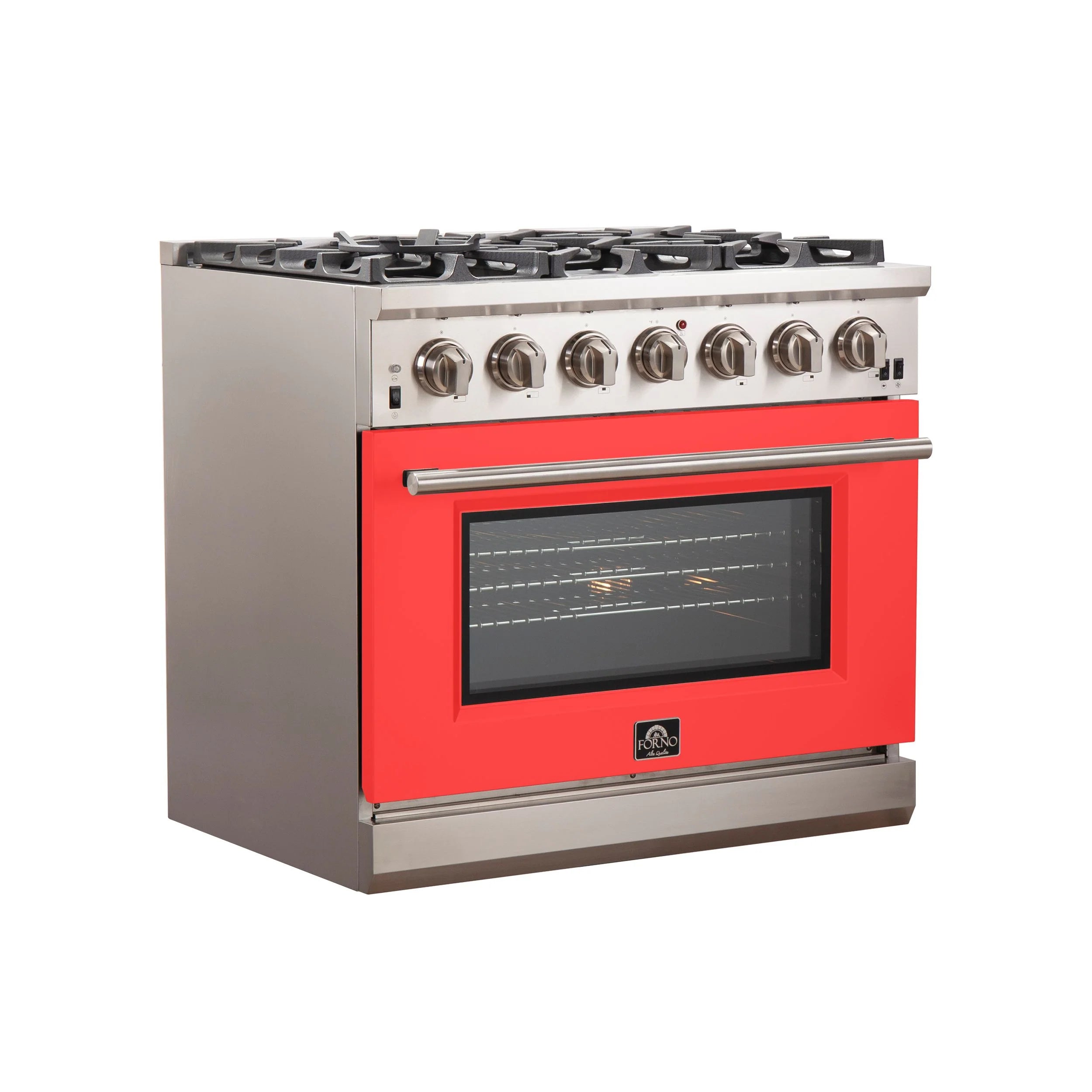 Forno Capriasca 36 In. 6-burner Red Gas Range with Brass Burners 5.36 cu. ft. | FFSGS6260-36RED