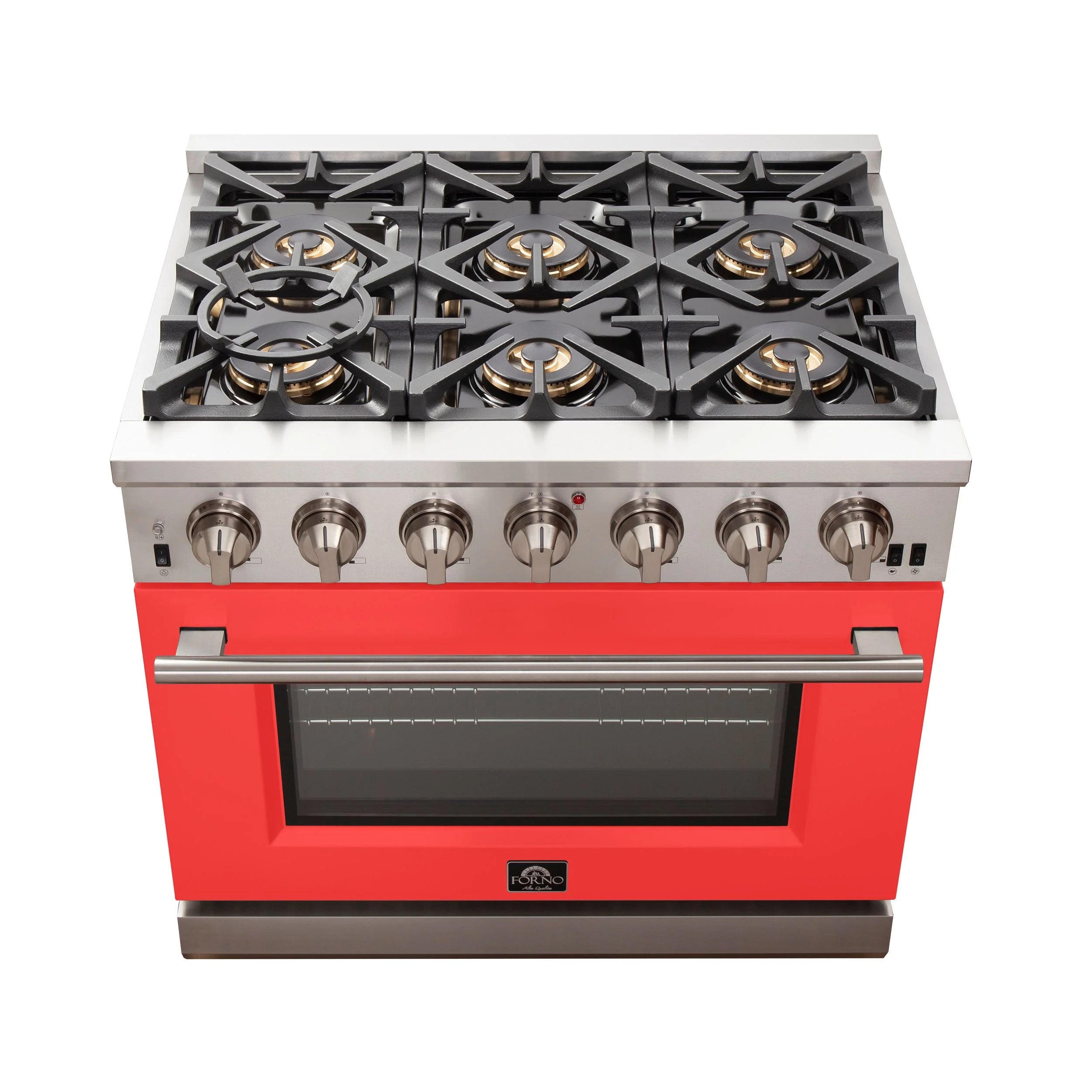 Forno Capriasca 36 In. 6-burner Red Gas Range with Brass Burners 5.36 cu. ft. | FFSGS6260-36RED