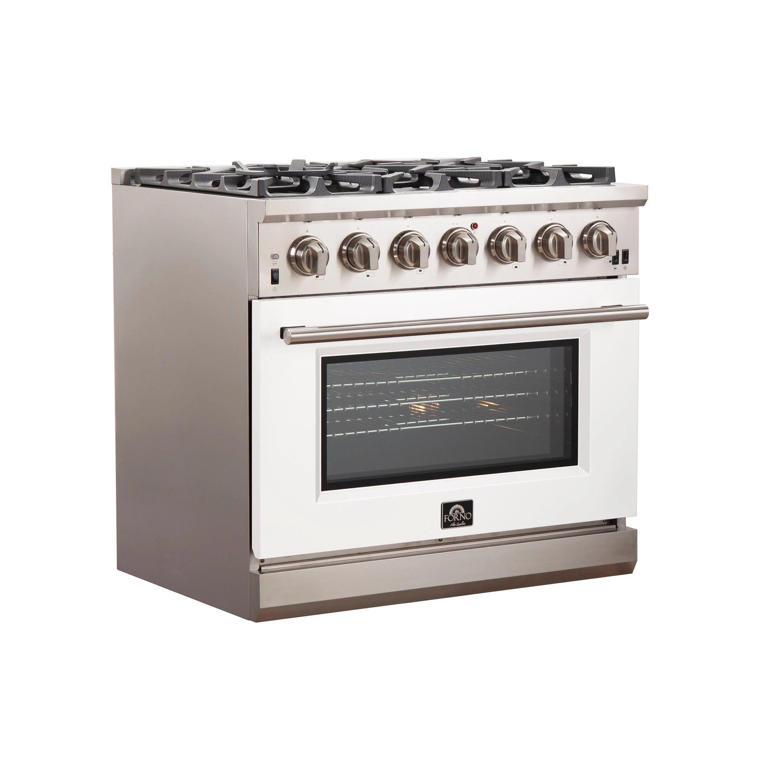 Forno Capriasca 36 In. 6-burner White Gas Range with Brass Burners 5.36 cu. ft. | FFSGS6260-36WHT