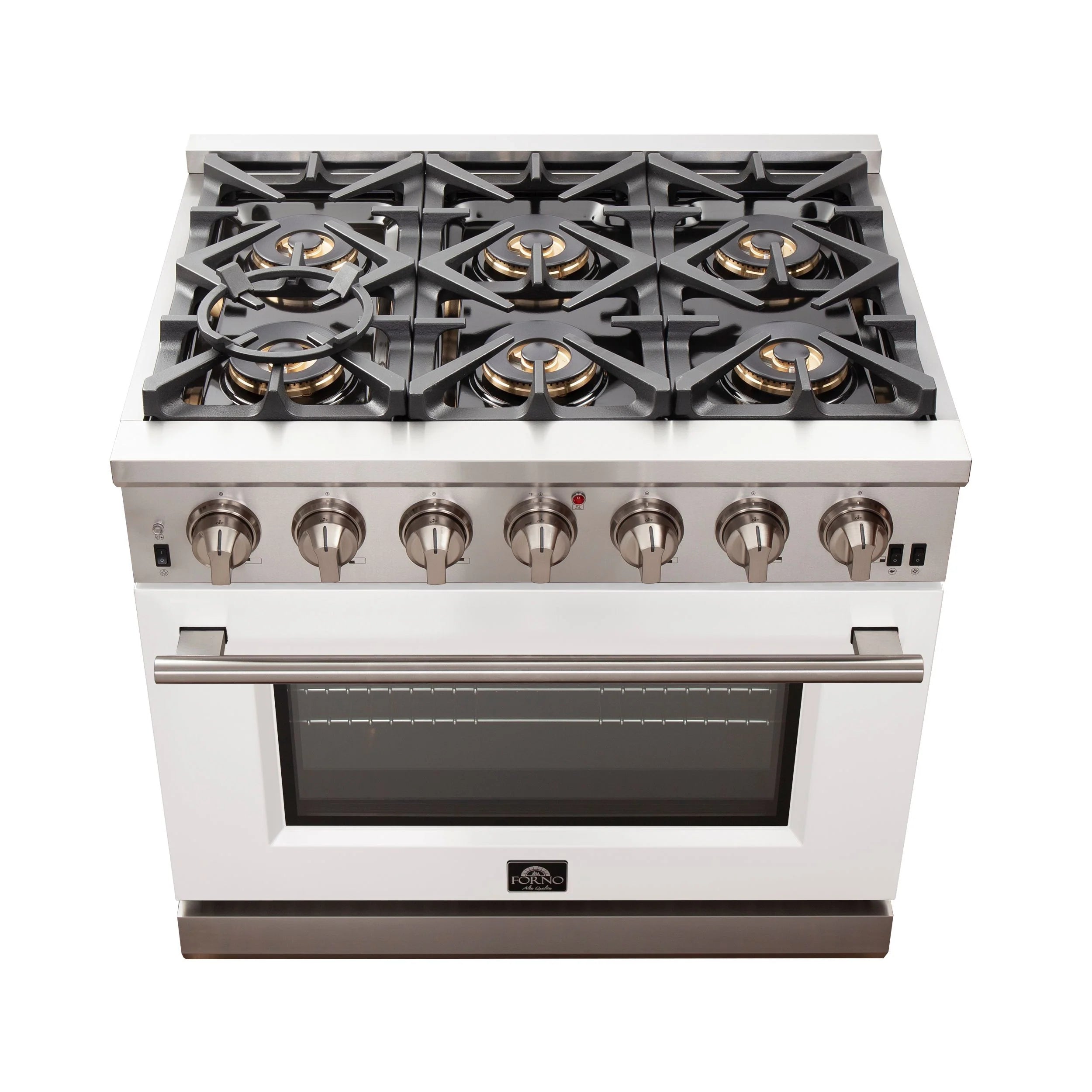 Forno Capriasca 36 In. 6-burner White Gas Range with Brass Burners 5.36 cu. ft. | FFSGS6260-36WHT