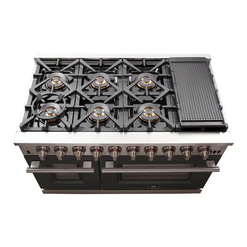 Forno Capriasca 48 in. 8-burner Black Gas Range with Brass Burners 6.58 cu. ft. | FFSGS6260-48BLK