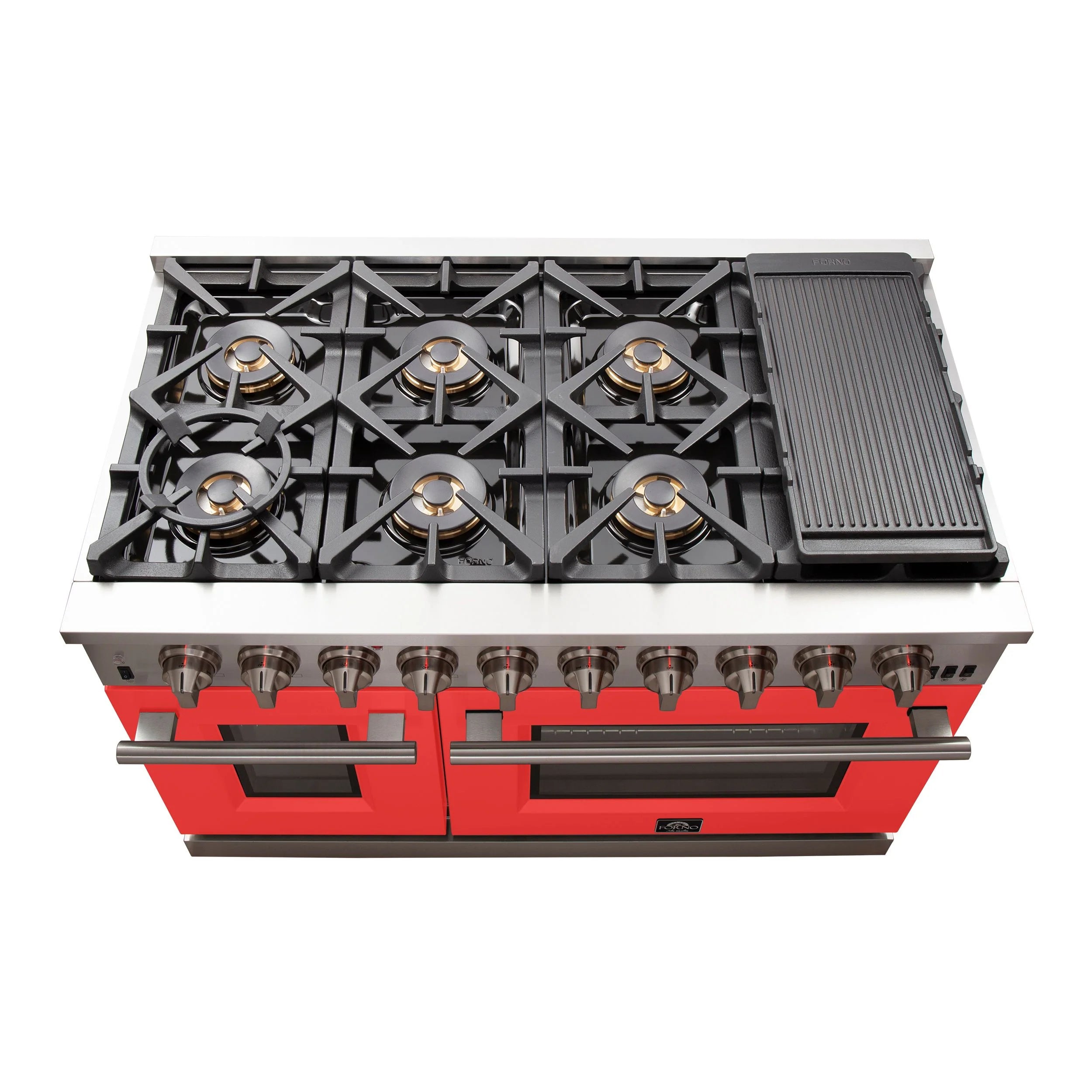 Forno Capriasca 48 in. 8-burner Red Gas Range with Brass Burners 6.58 cu. ft. | FFSGS6260-48RED