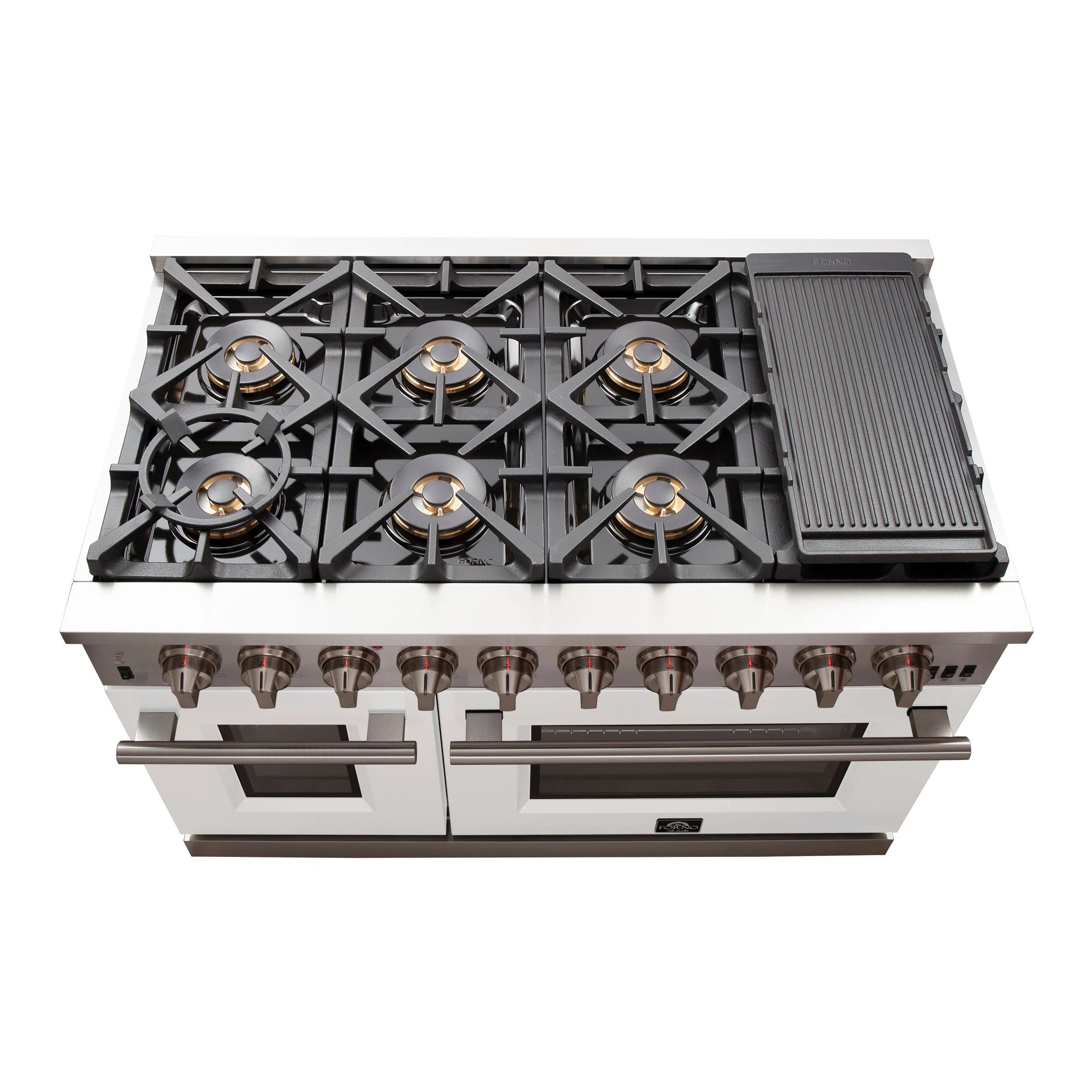Forno Capriasca 48 in. 8-burner White Gas Range with Brass Burners 6.58 cu. ft. | FFSGS6260-48WHT