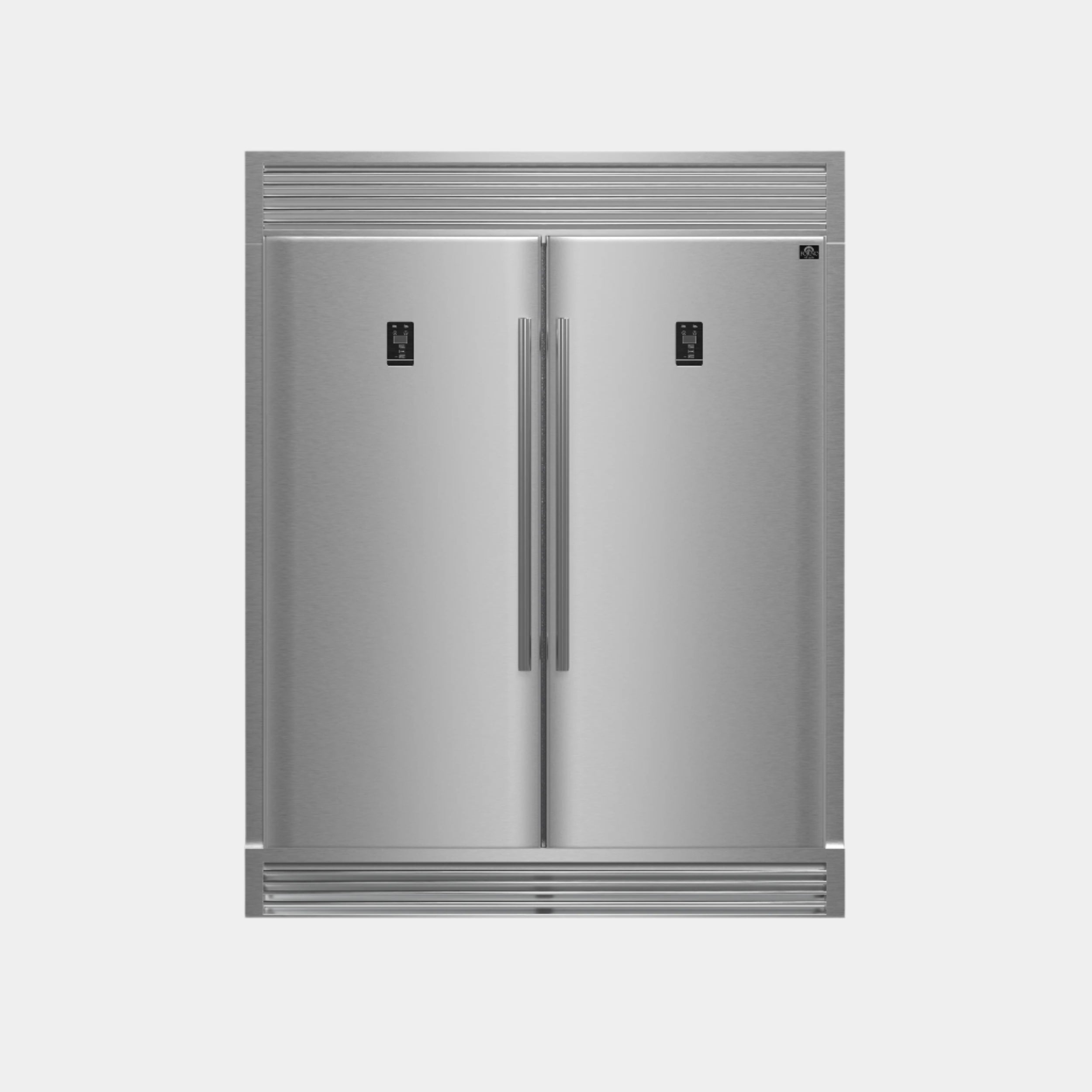 FORNO Premium 3-Piece Kitchen Bundle - FORNO Galiano 48" Freestanding Gas Range, FORNO Rizzuto 60" W. Dual Combo Convertible Refrigerator, FORNO 48" Wall Mount Range Hood - FBDL-018-02US