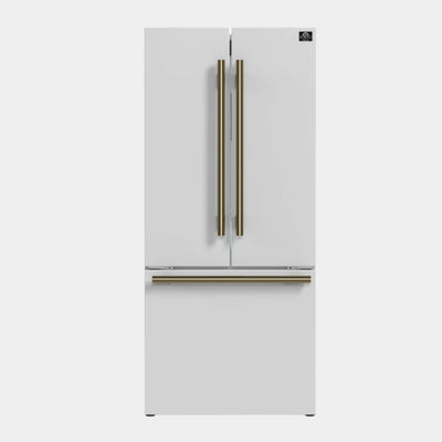 Forno Espresso Gallipoli 30 in. 17.5 cu.ft. White French Door Refrigerator with Ice Maker and Antique Brass Handles | FFFFD1974-31WHT