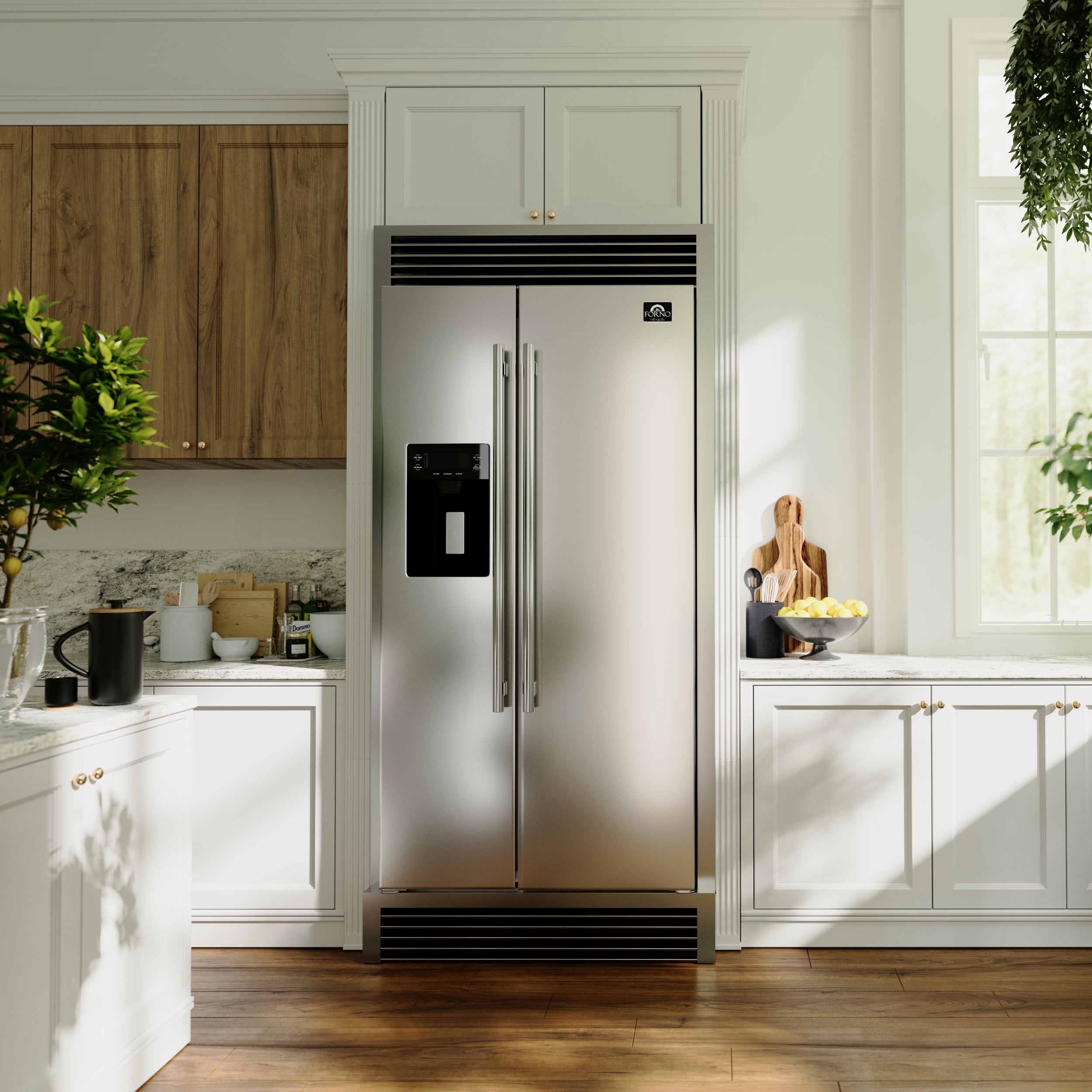 Forno Salerno 40 in. 20 cu. ft. Side-by-Side Stainless Steel Refrigerator with Water, Ice Dispenser and Grill Trim Kit | FFRBI1844-40SG